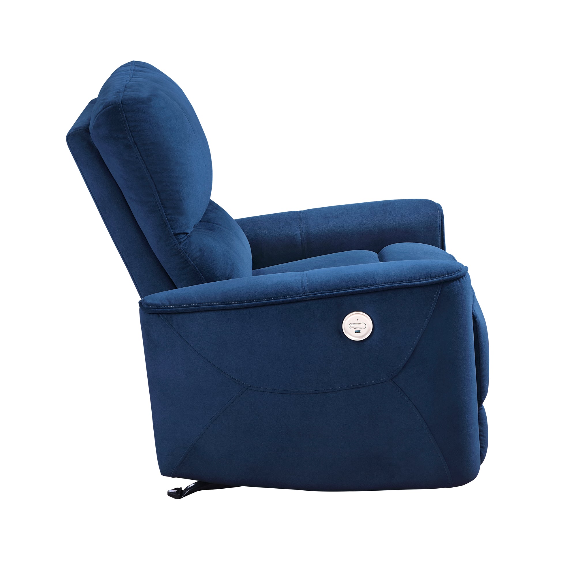 Dark blue velvet electric recliner chair with USB charging port