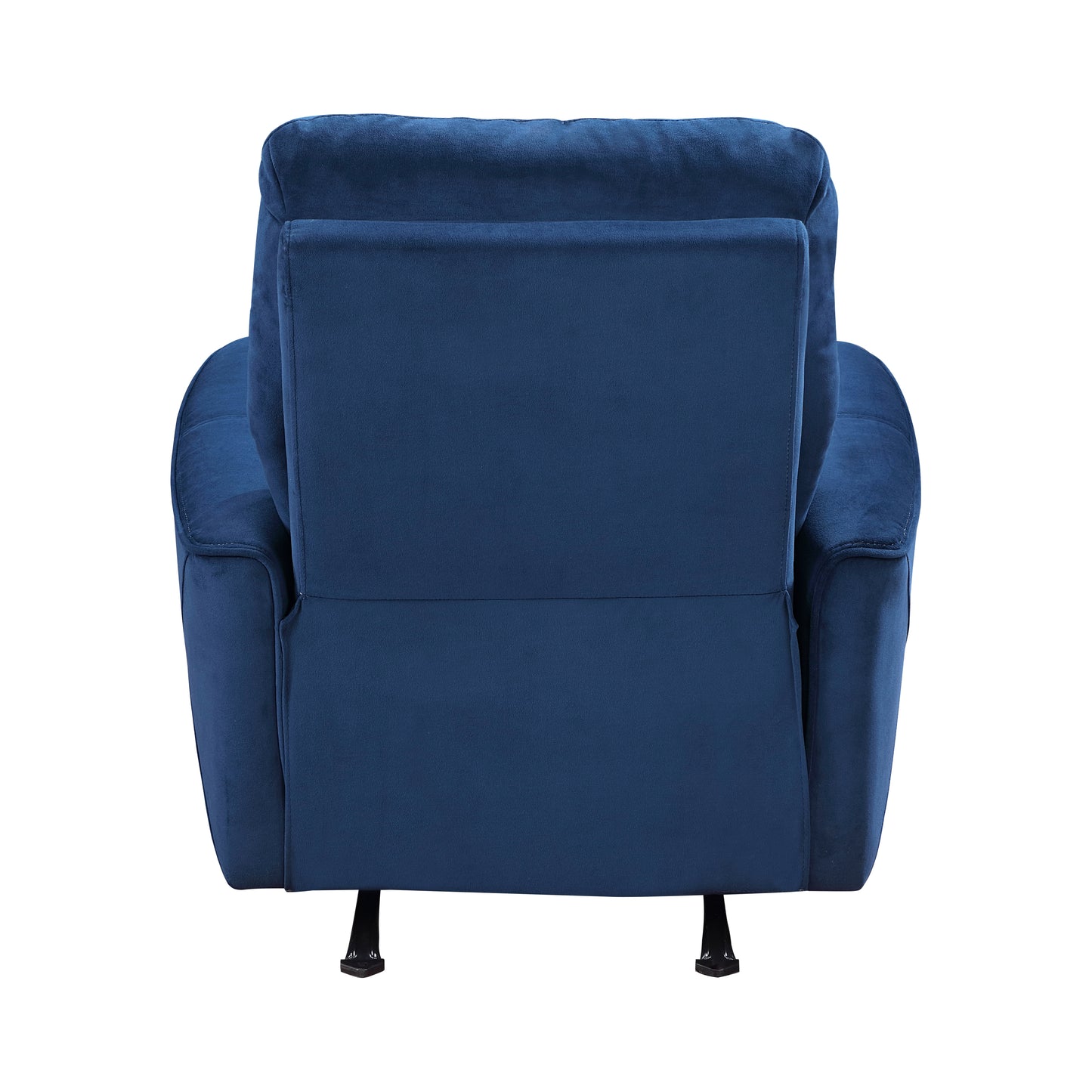 Back view of a plush navy blue velvet recliner chair with a sturdy black base