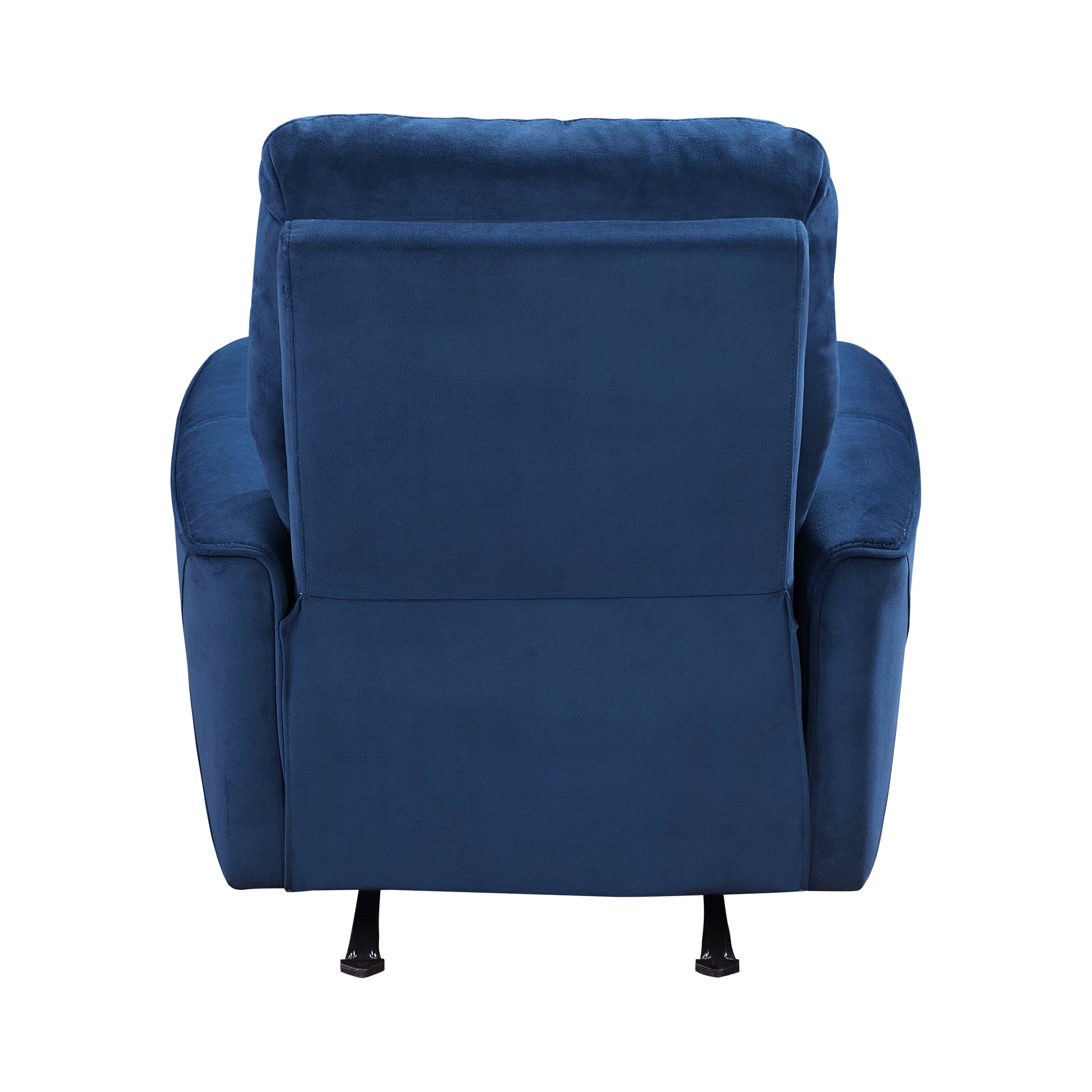 Back view of a plush navy blue velvet recliner chair with a sturdy black base