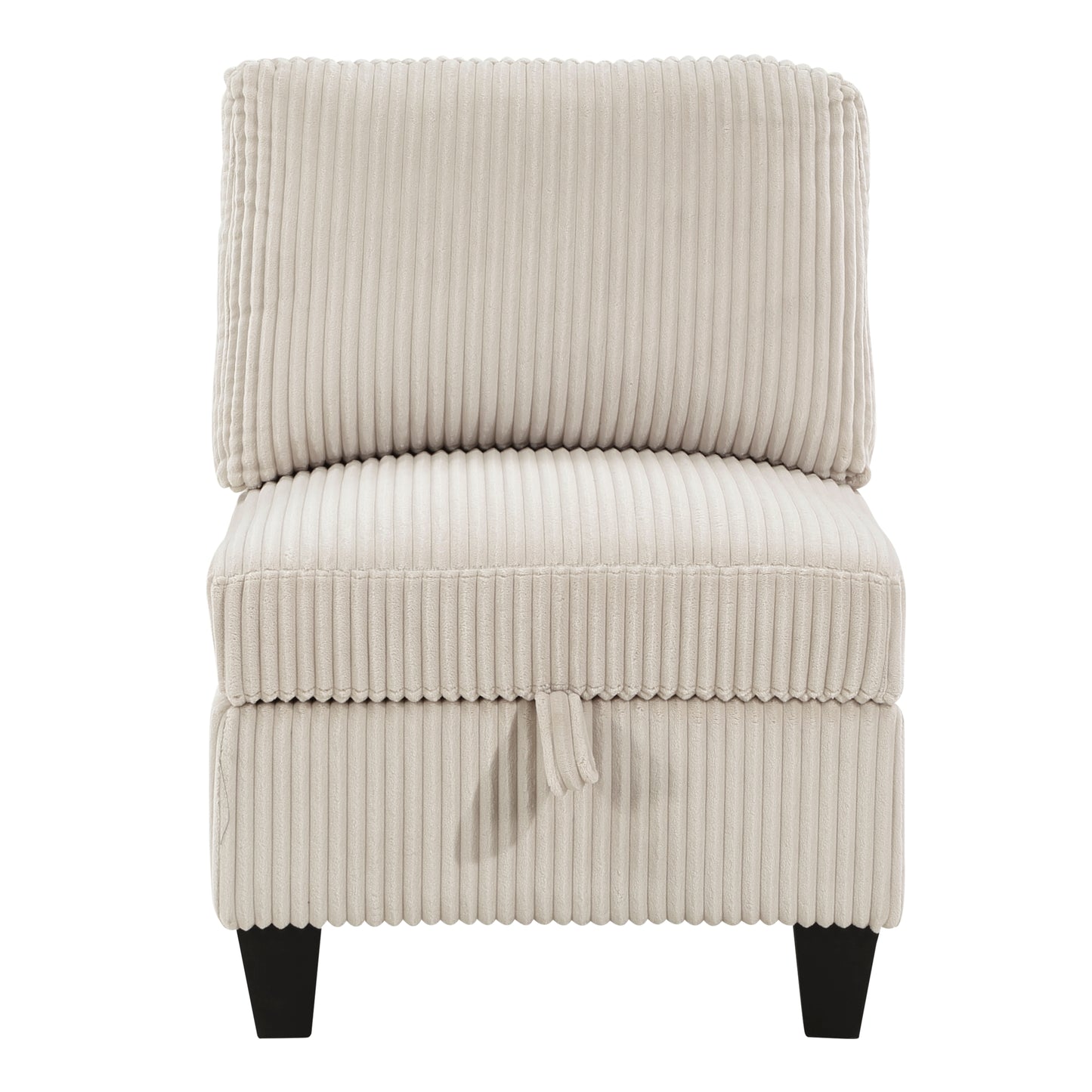 Beige corduroy accent chair with storage perfect for small living spaces