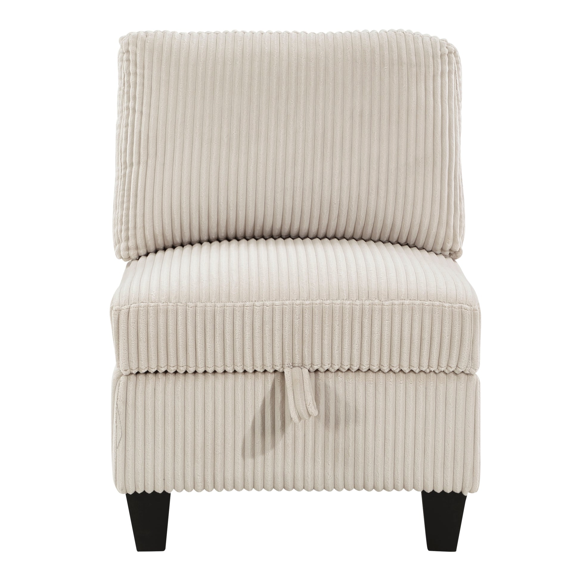 Beige corduroy accent chair with storage perfect for small living spaces