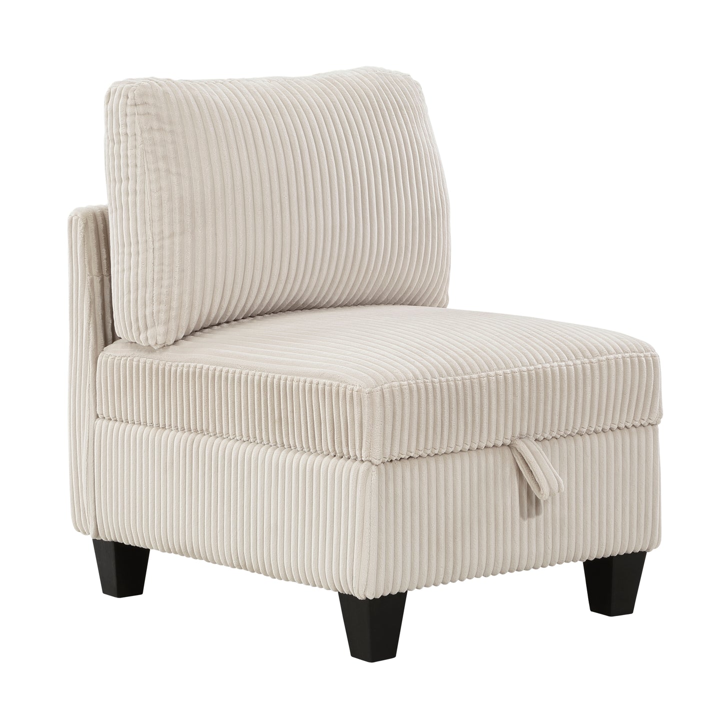 Cream corduroy accent chair with storage ottoman and black legs