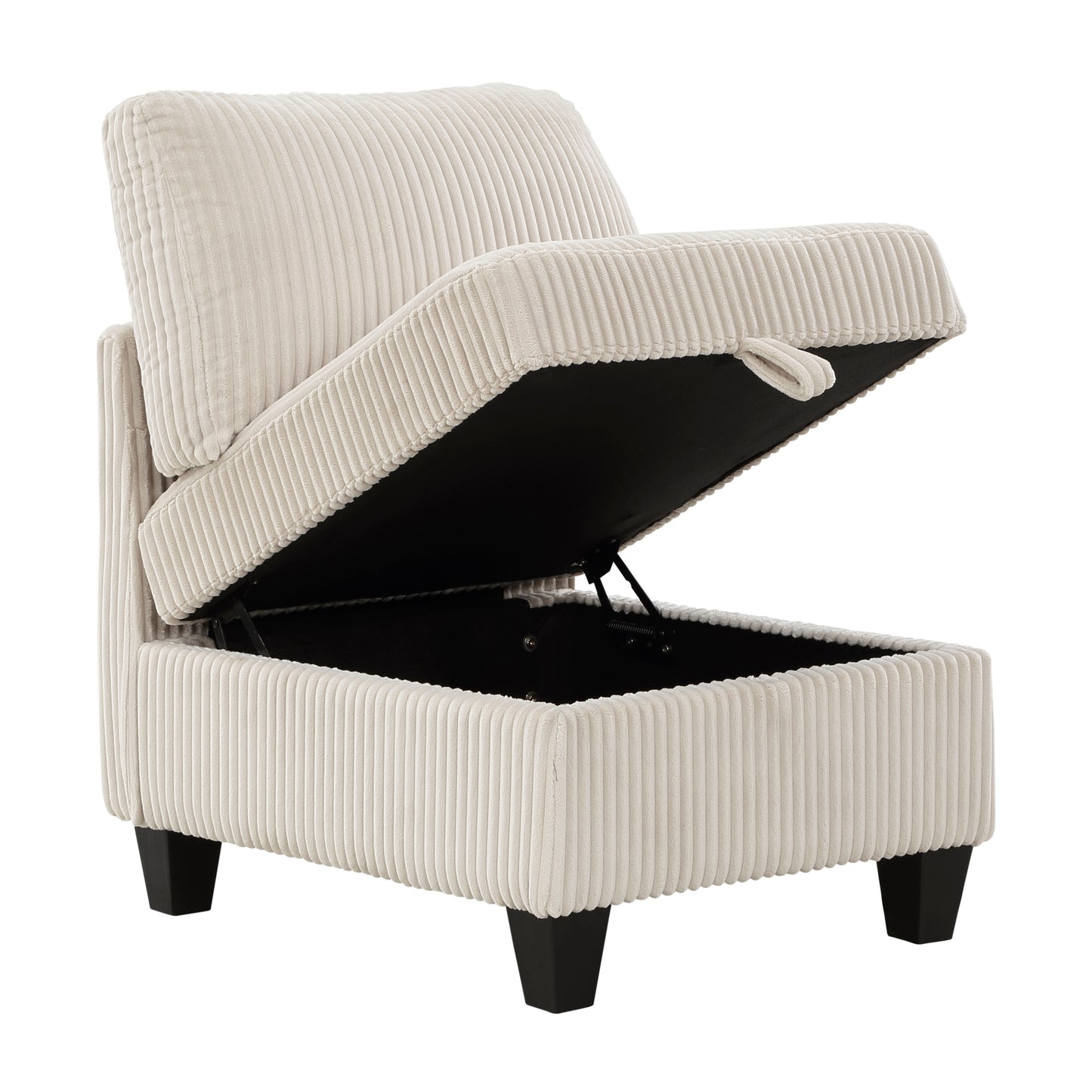 Cream corduroy storage ottoman with black legs lid open