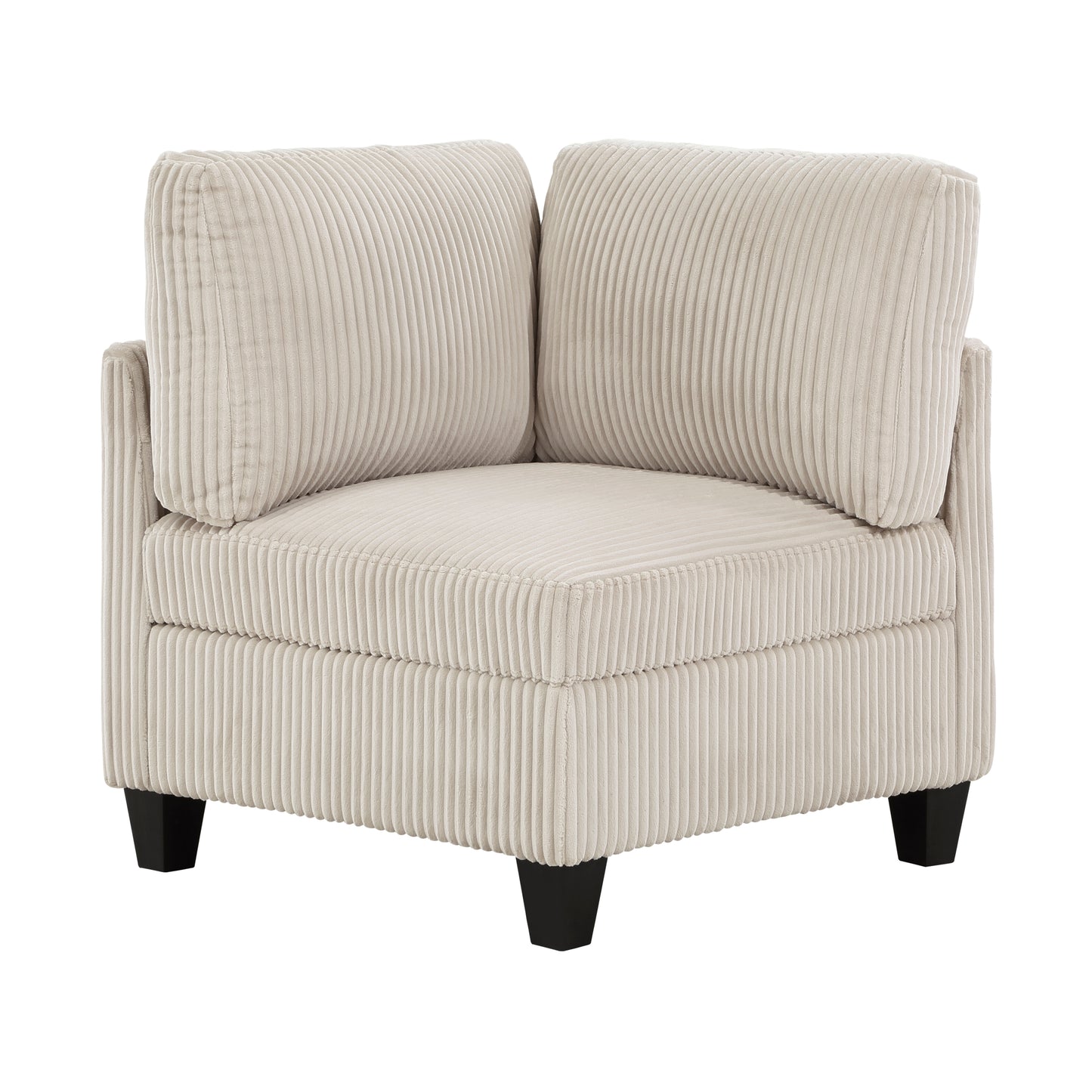 Cream corduroy corner chair with plush back cushions and dark wooden legs