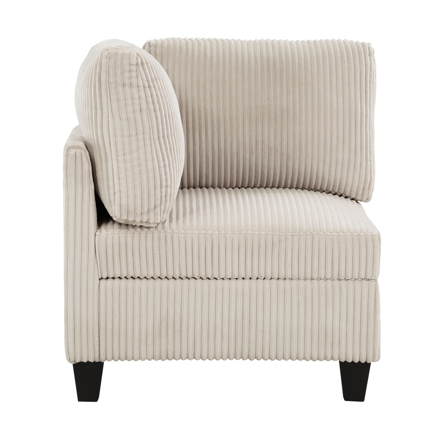 Cream corduroy accent chair with a rounded throw pillow and black legs modern design