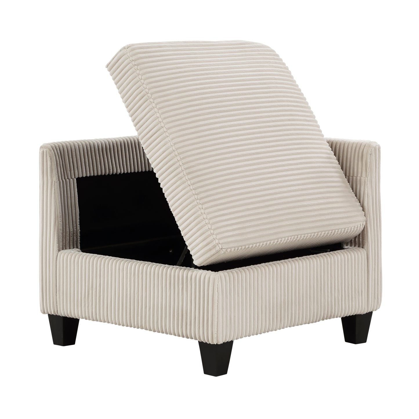 Cream corduroy storage ottoman with hinged lid open revealing black interior and storage space
