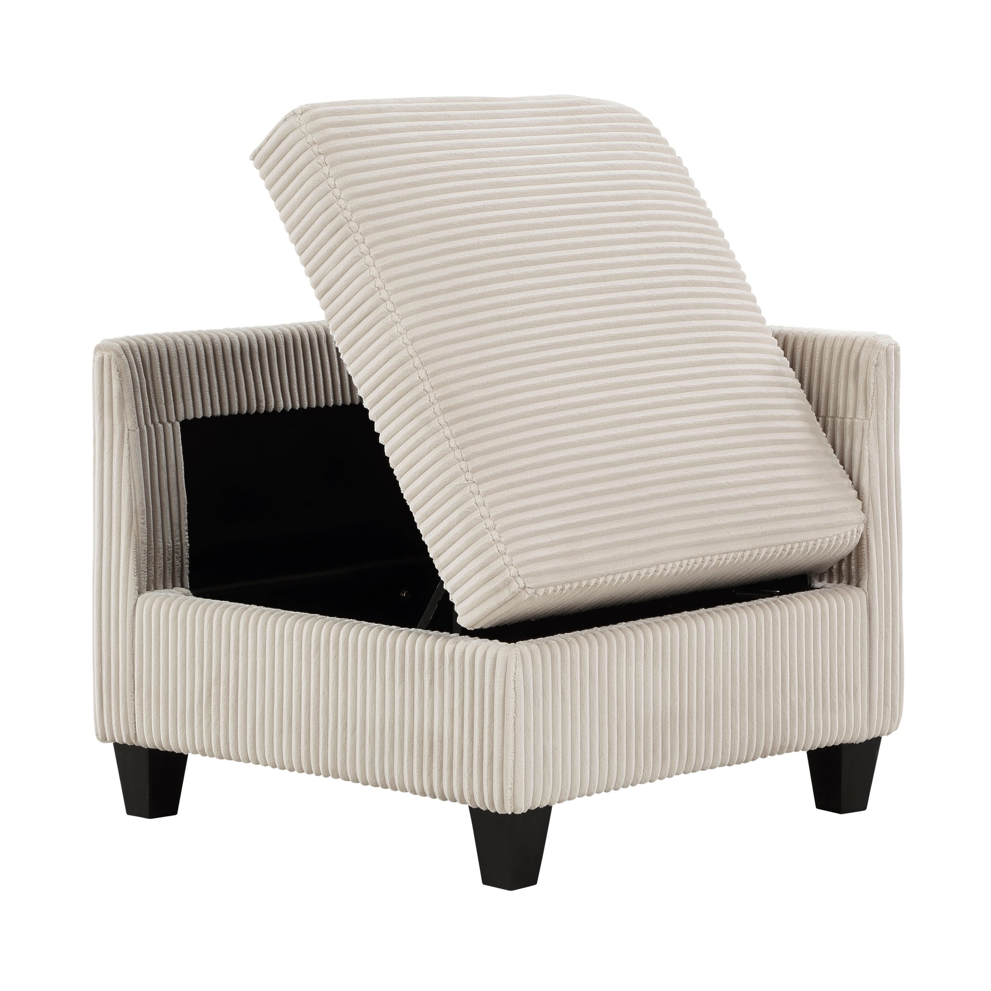 Cream corduroy storage ottoman with hinged lid open revealing black interior and storage space