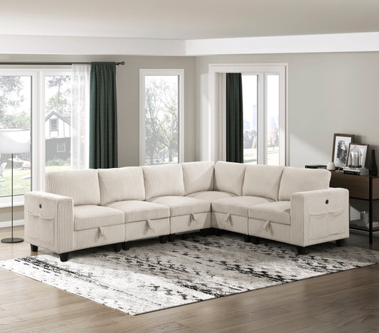 Cream corduroy sectional sofa with hidden storage compartments and pocket arms for living room comfort