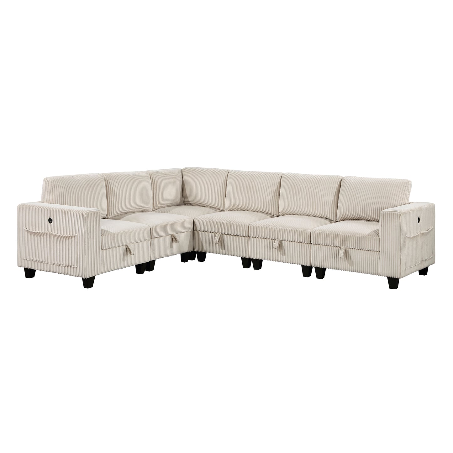 Light beige corduroy sectional sofa with hidden storage compartments and black legs