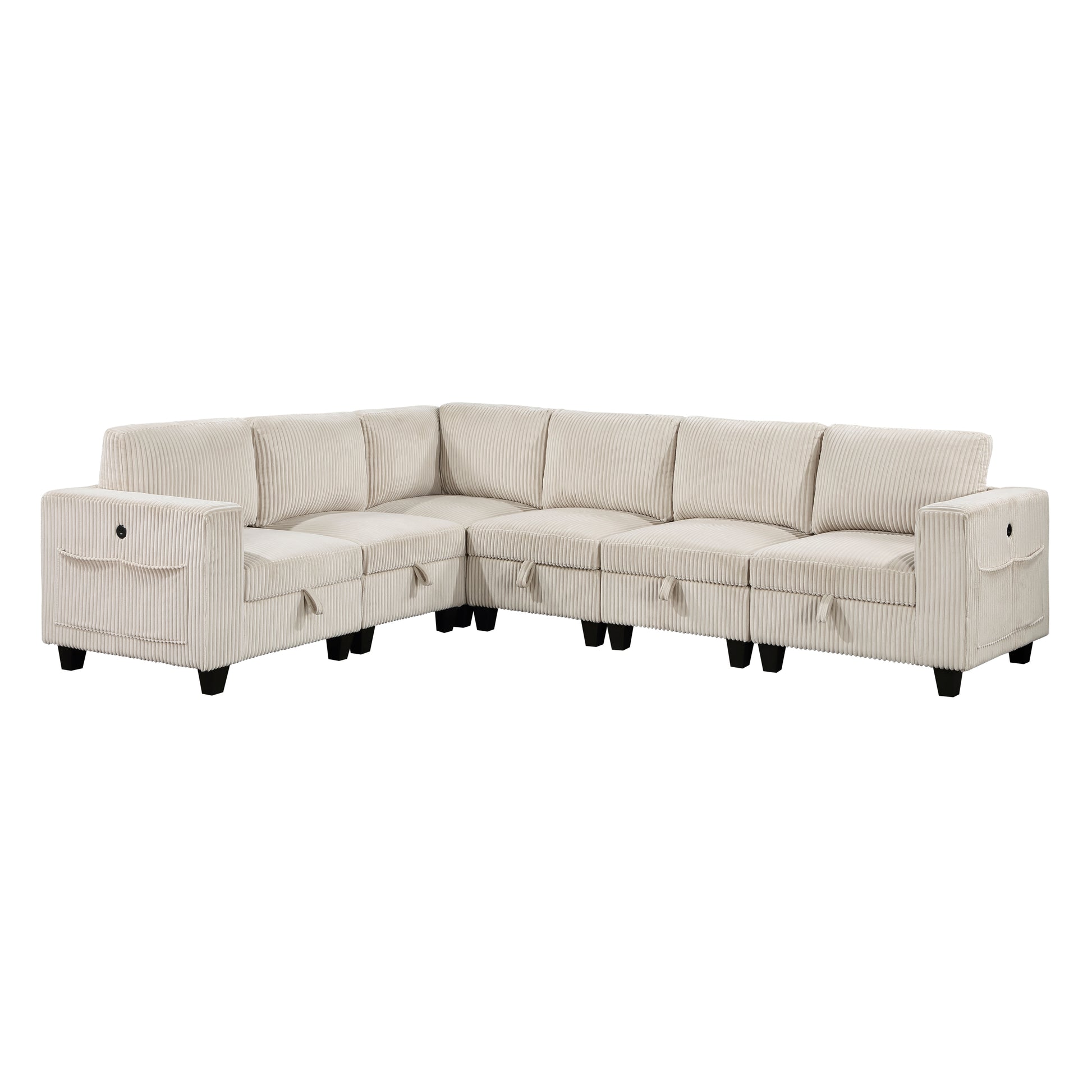 Light beige corduroy sectional sofa with hidden storage compartments and black legs