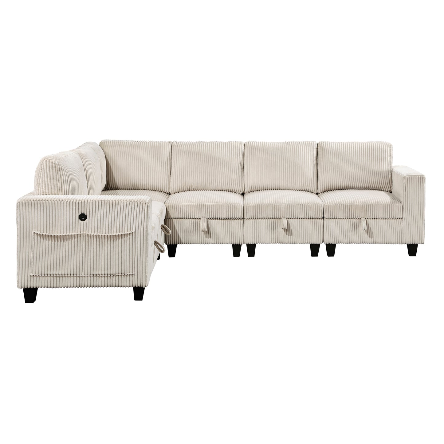 Cream corduroy sectional sofa with storage and black legs