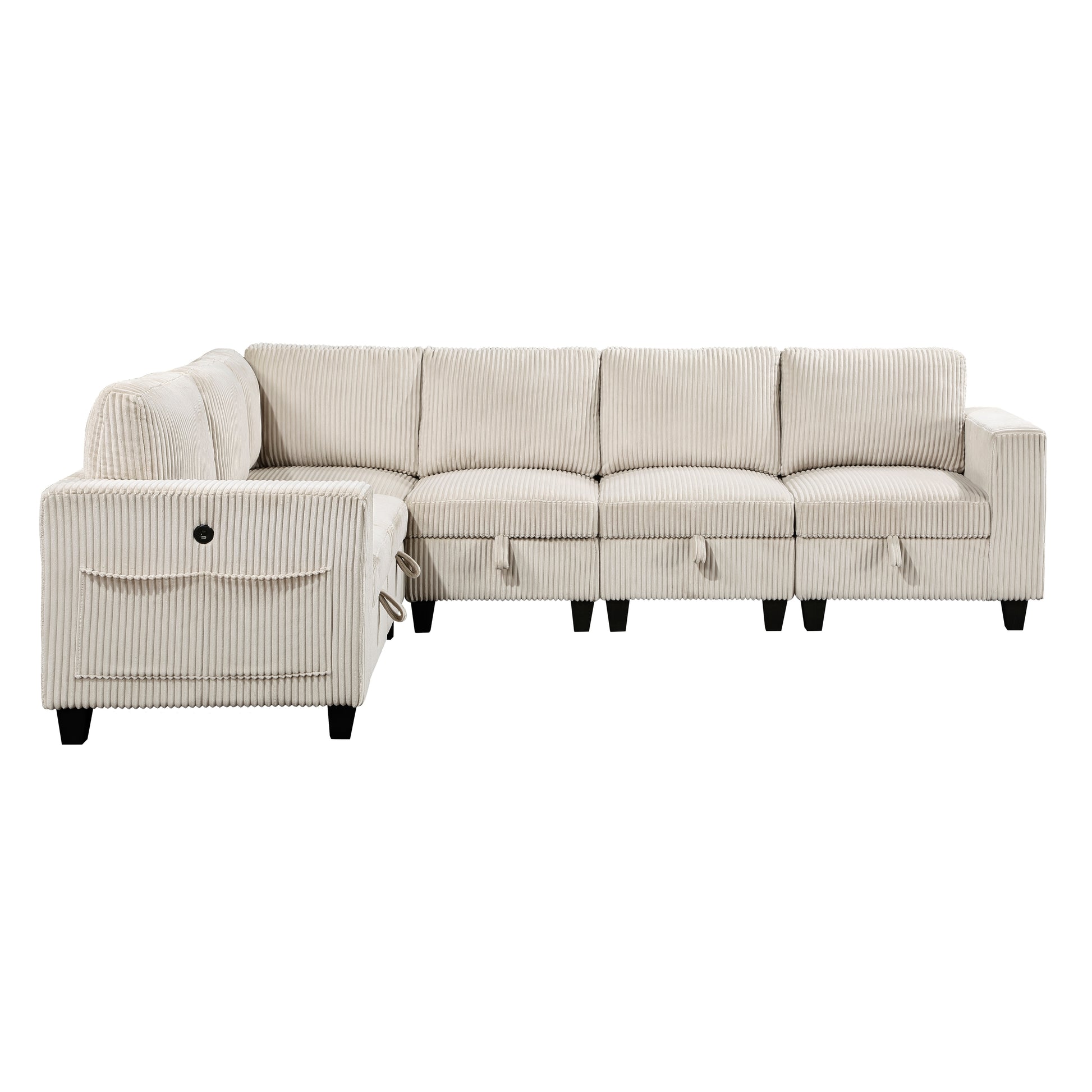 Cream corduroy sectional sofa with storage and black legs