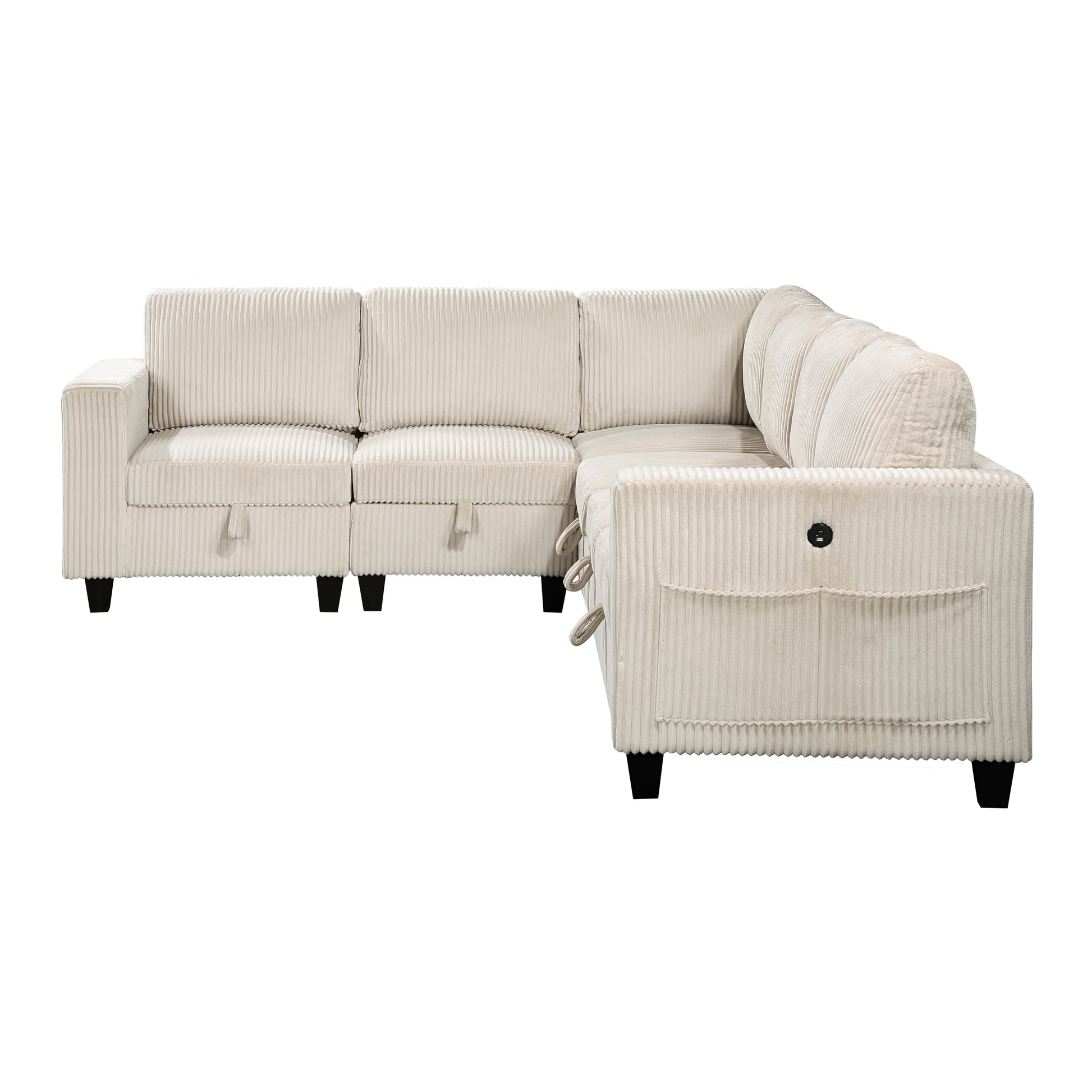 Beige corduroy sectional sofa with hidden storage contemporary design