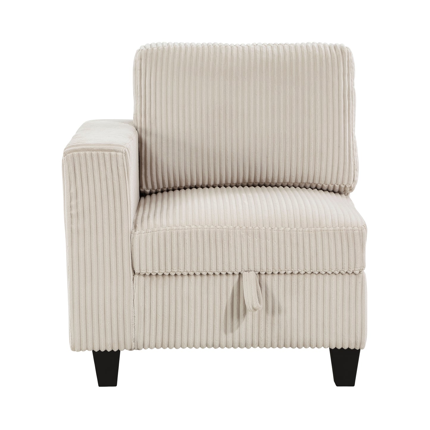 Beige corduroy armchair with left armrest and storage drawer modern living room seating