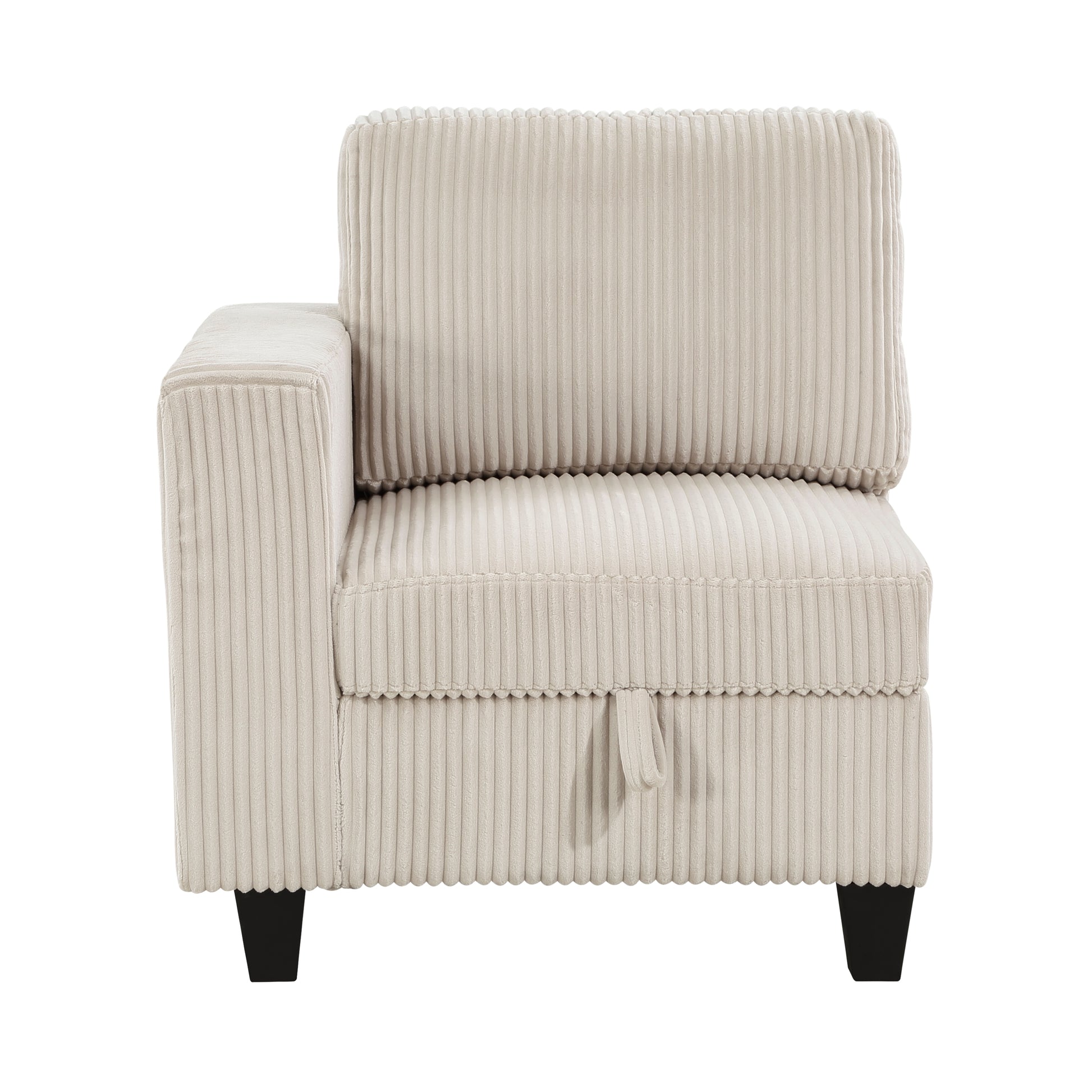 Beige corduroy armchair with left armrest and storage drawer modern living room seating