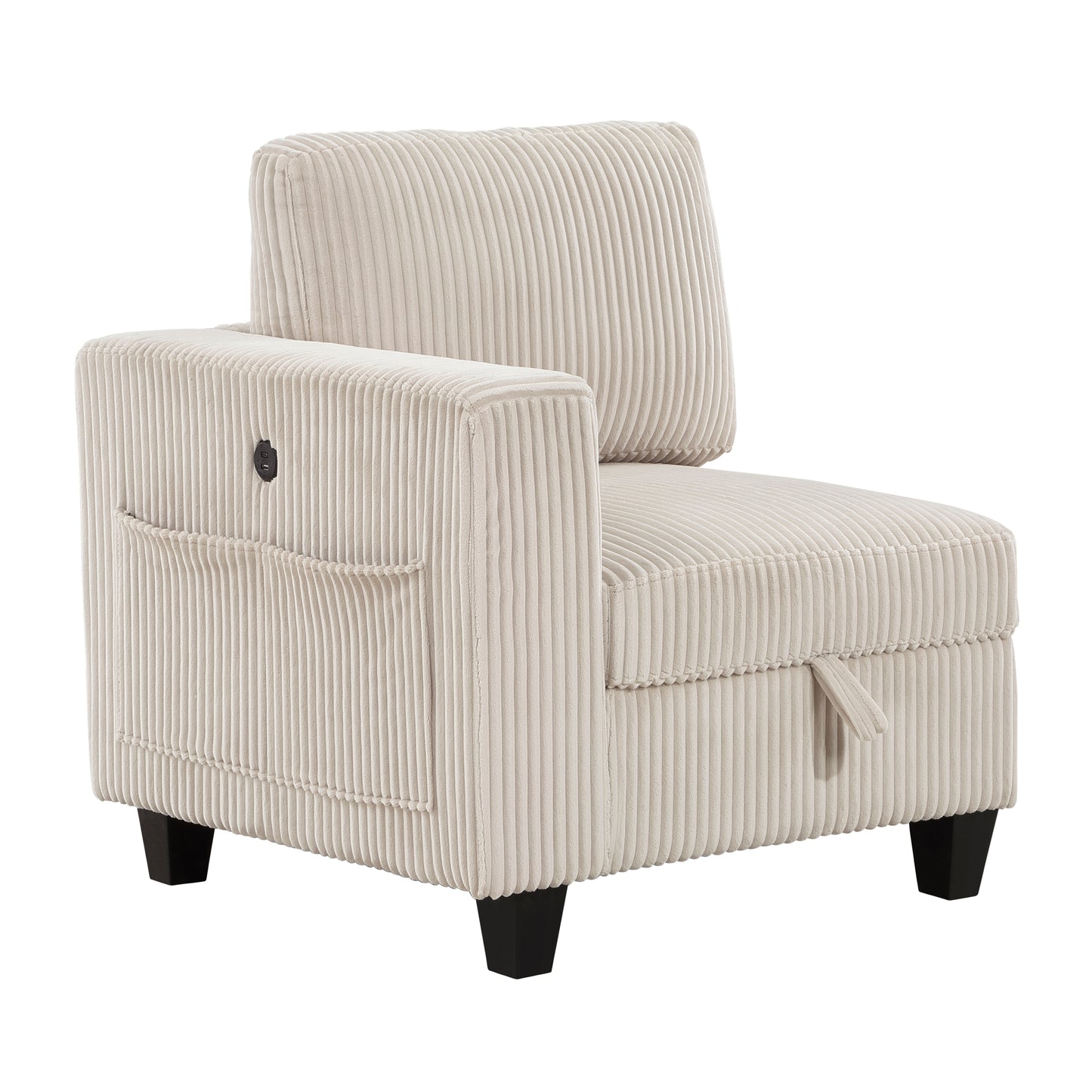 Cream corduroy accent chair with a builtin USB port and storage perfect for small spaces