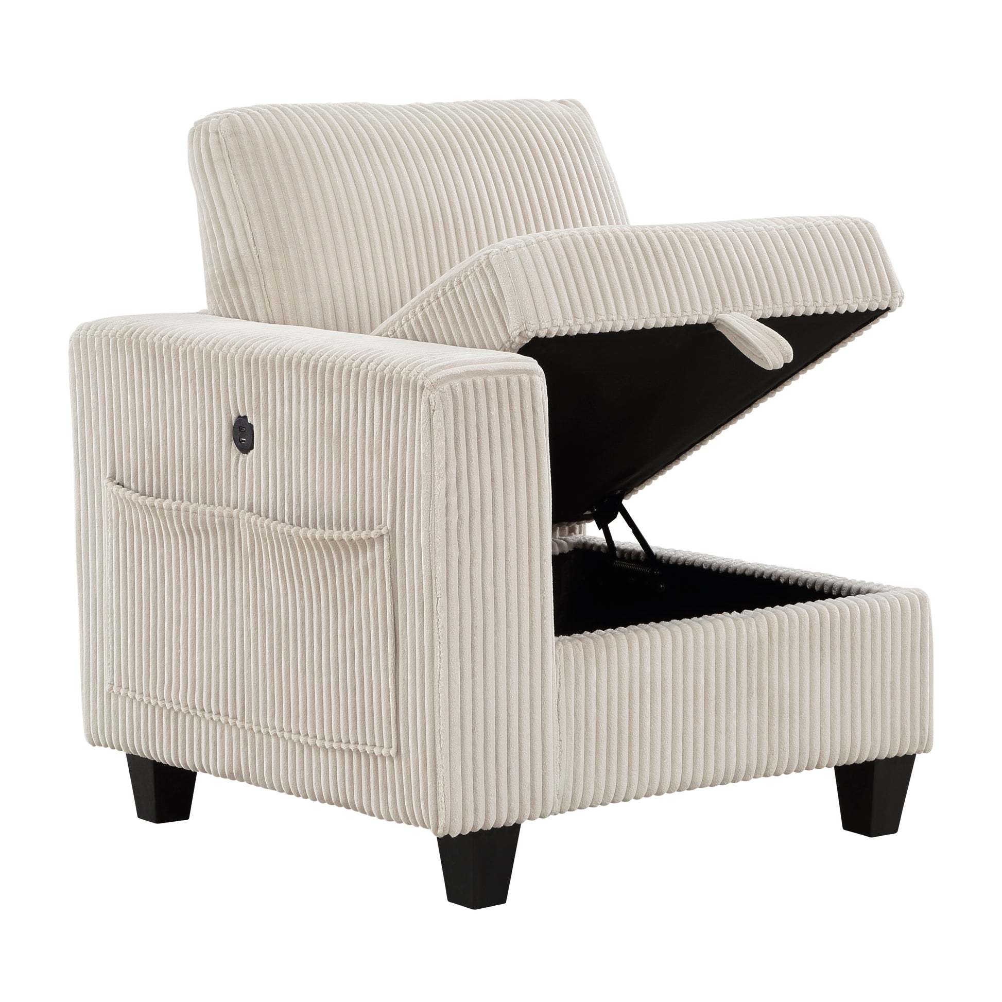 Cream corduroy accent chair with open storage compartment and USB port