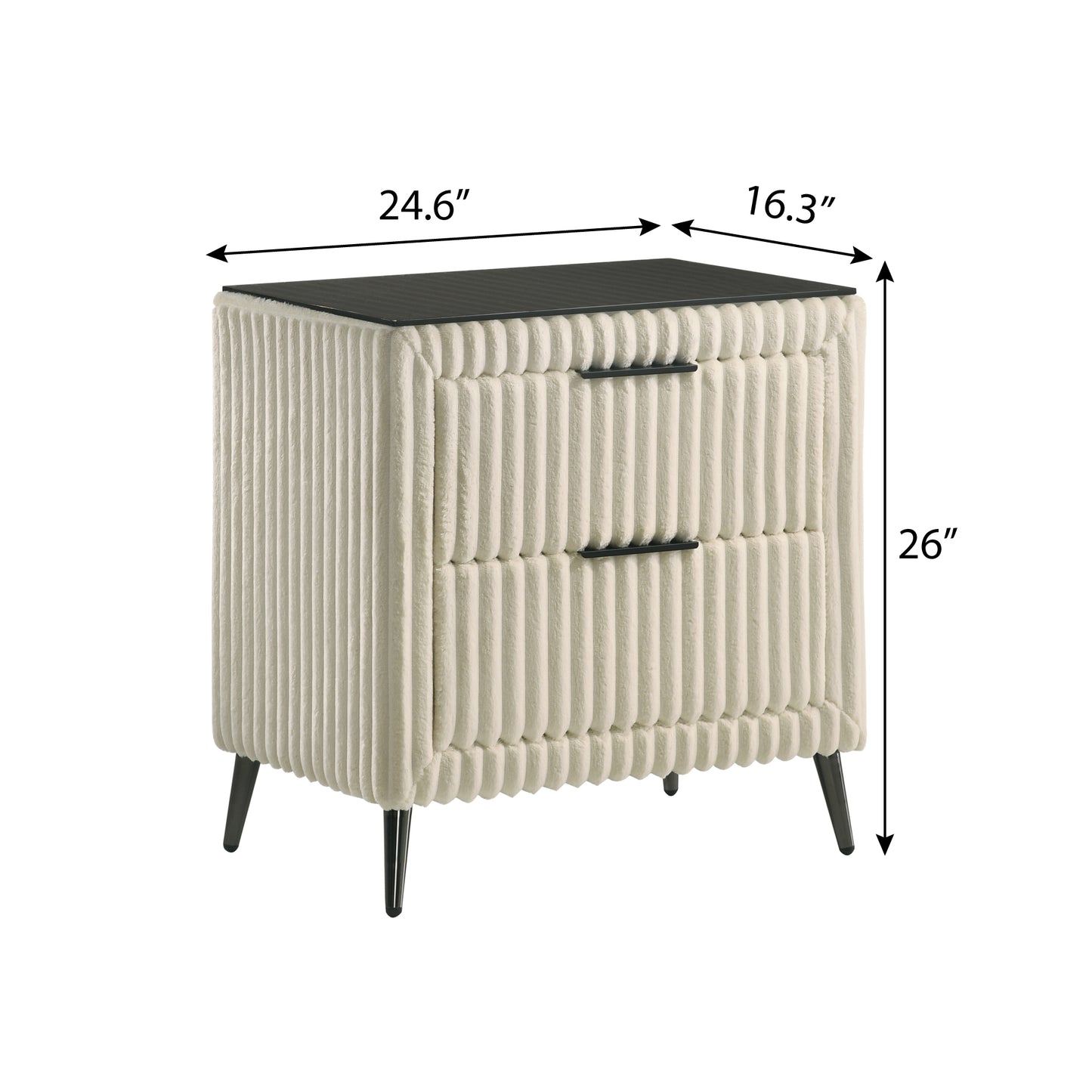 Textured cream twodrawer nightstand with black hardware and tapered legs