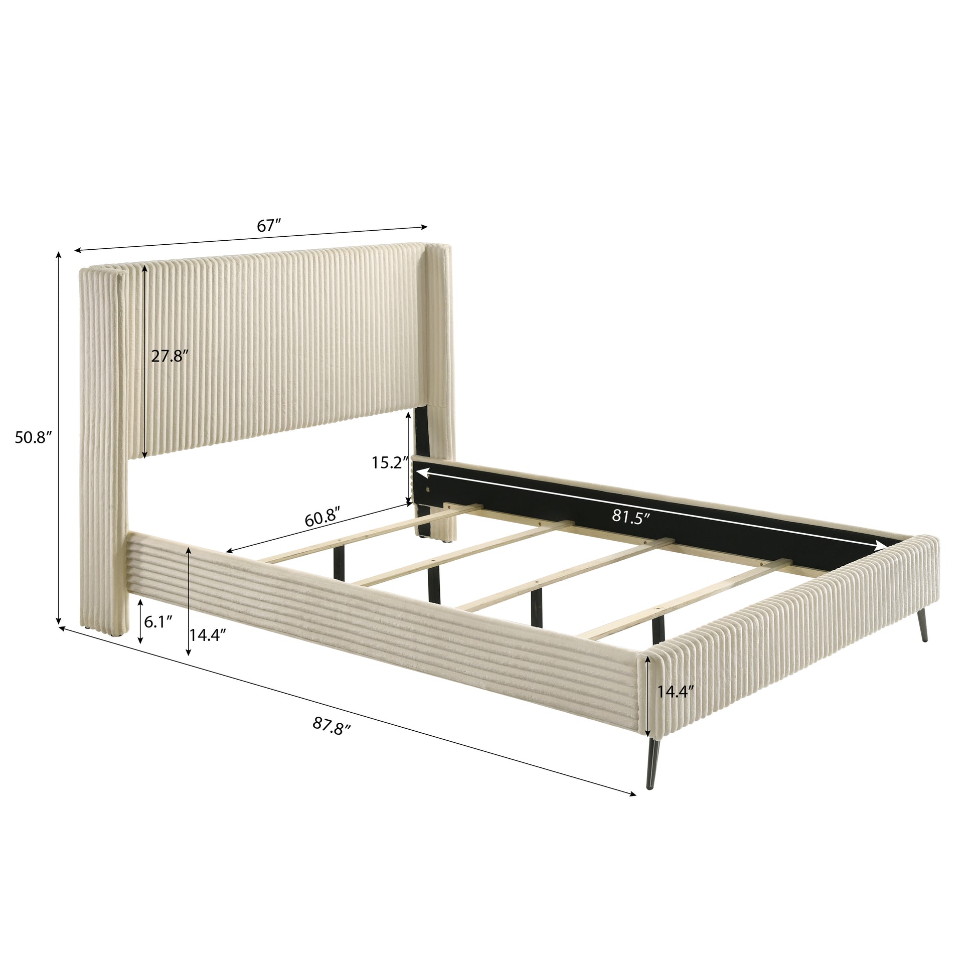 Cream fluted upholstered queen bed frame with angled legs