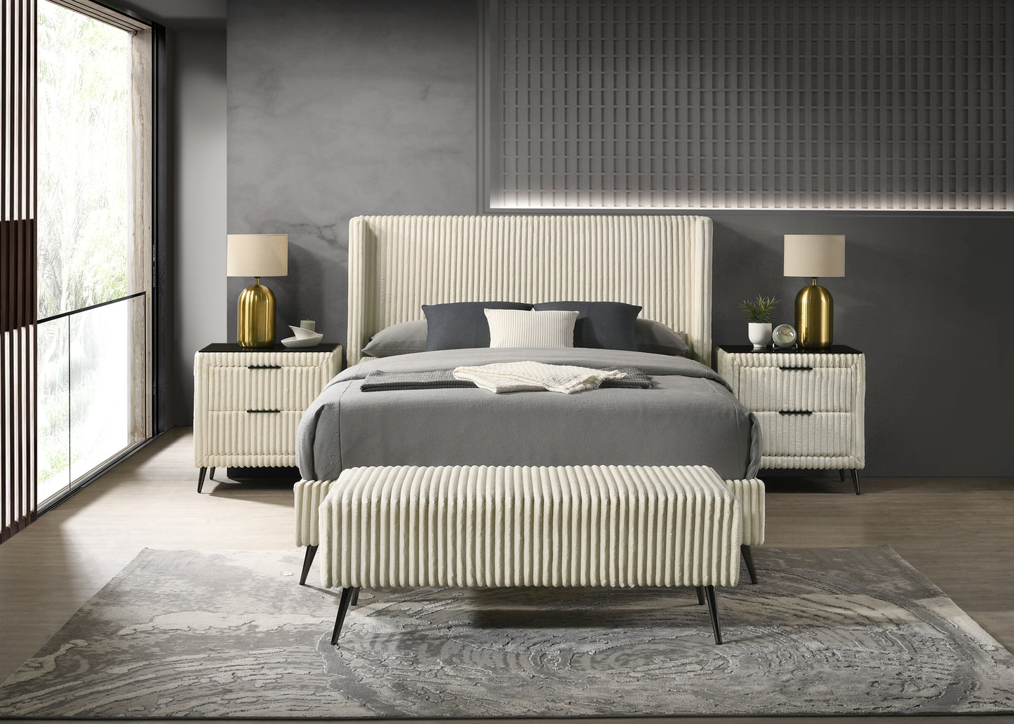 Textured cream wingback bed with grey bedding and matching upholstered bench