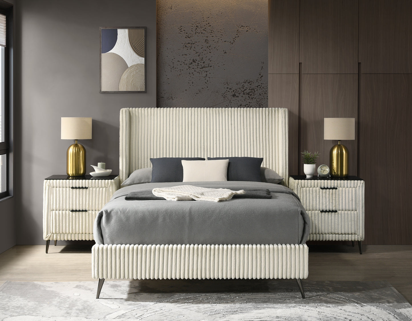 Cream corduroy king bed with upholstered headboard and matching nightstands