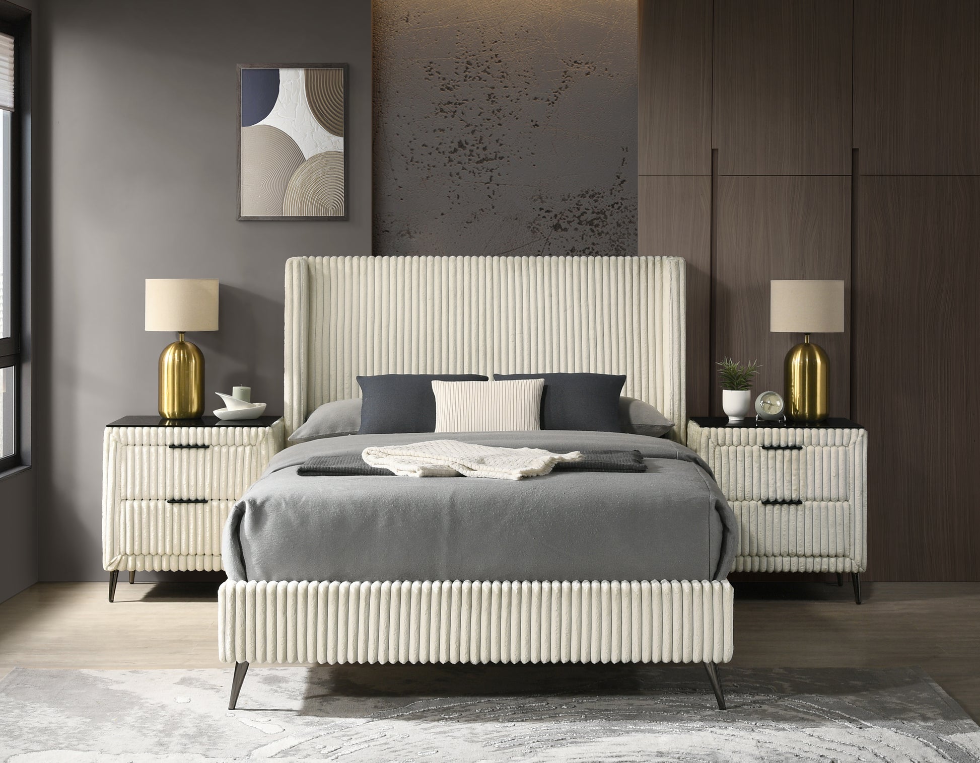 Cream corduroy king bed with upholstered headboard and matching nightstands
