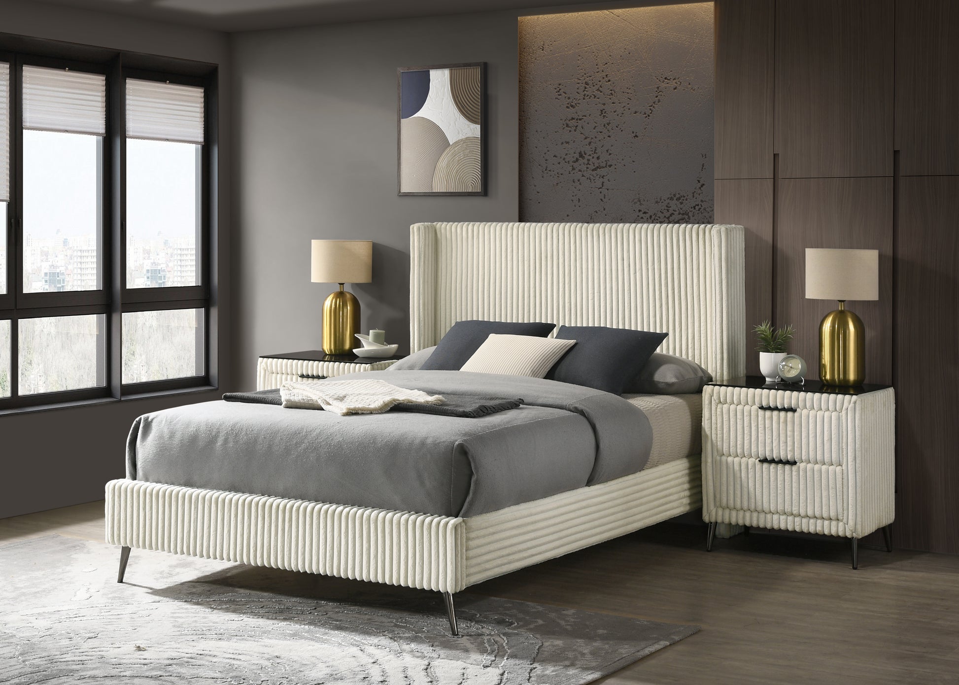 Cream upholstered platform bed with fluted headboard and footboard