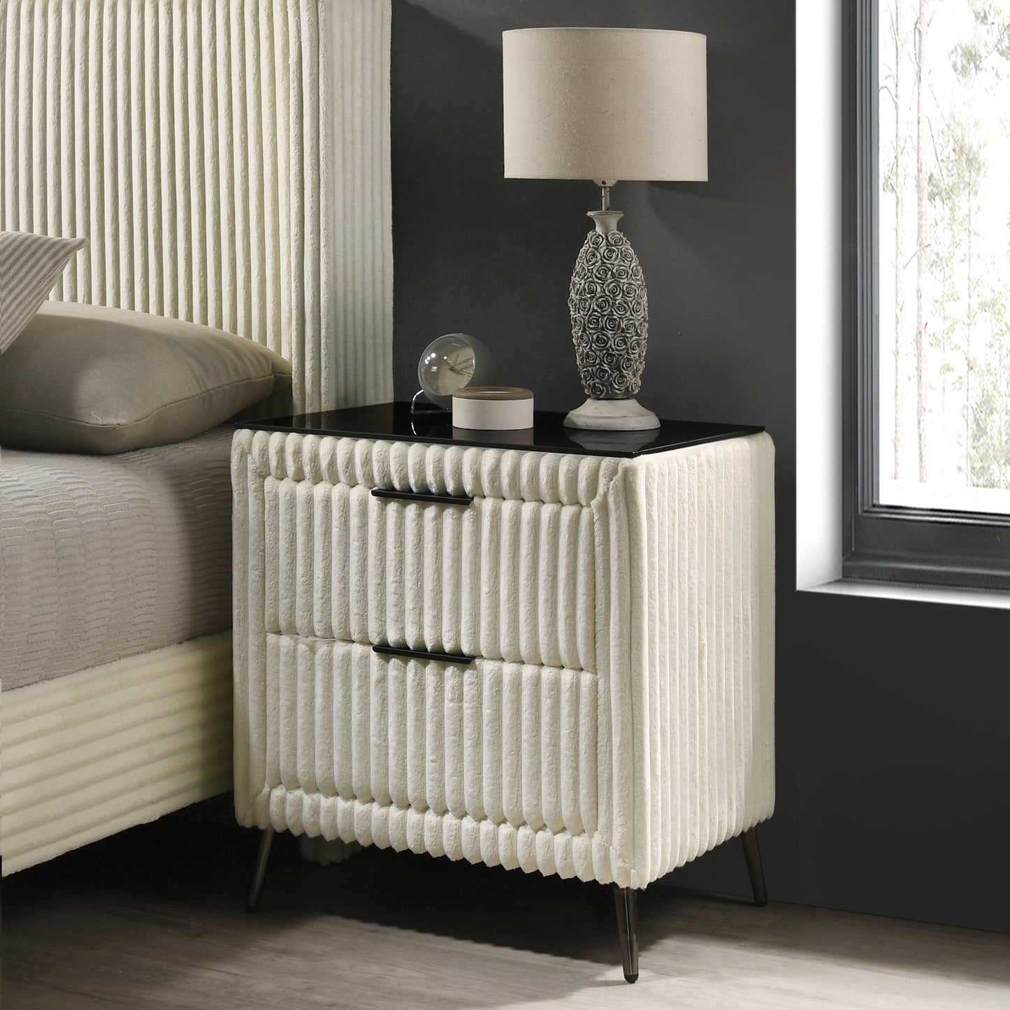 Cream corduroy nightstand with two drawers and black pulls