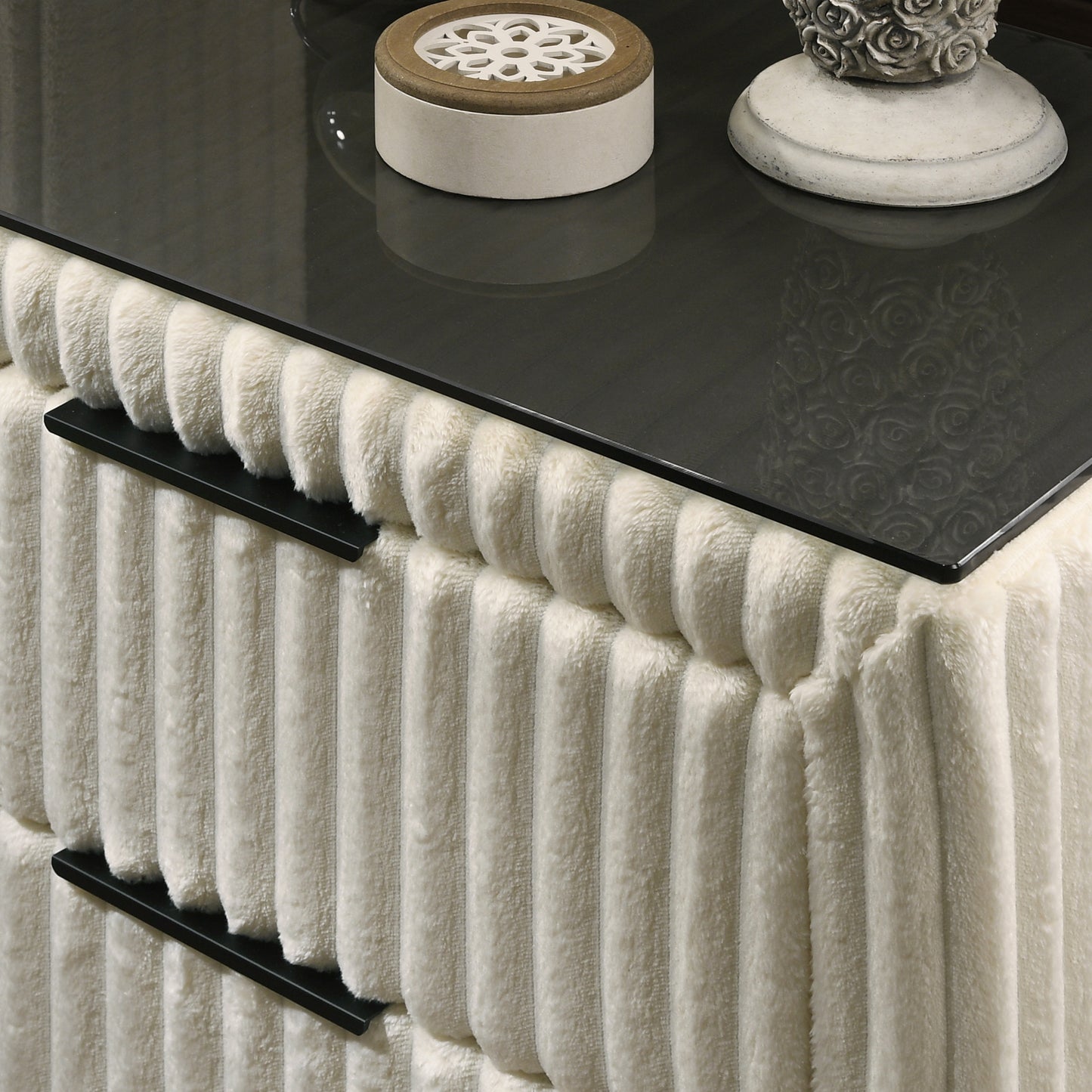 Cream plush fabric bedside table with dark top