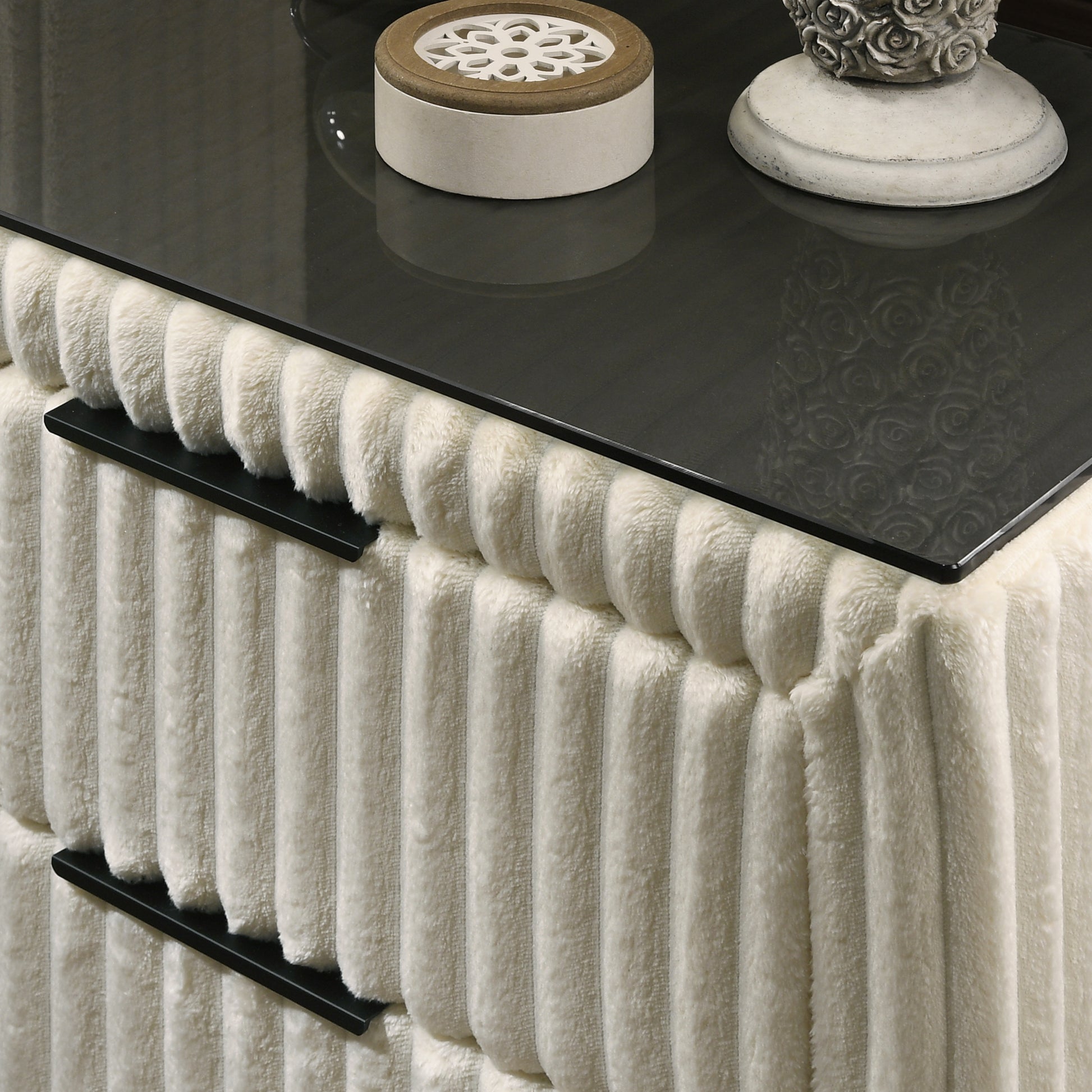 Cream plush fabric bedside table with dark top