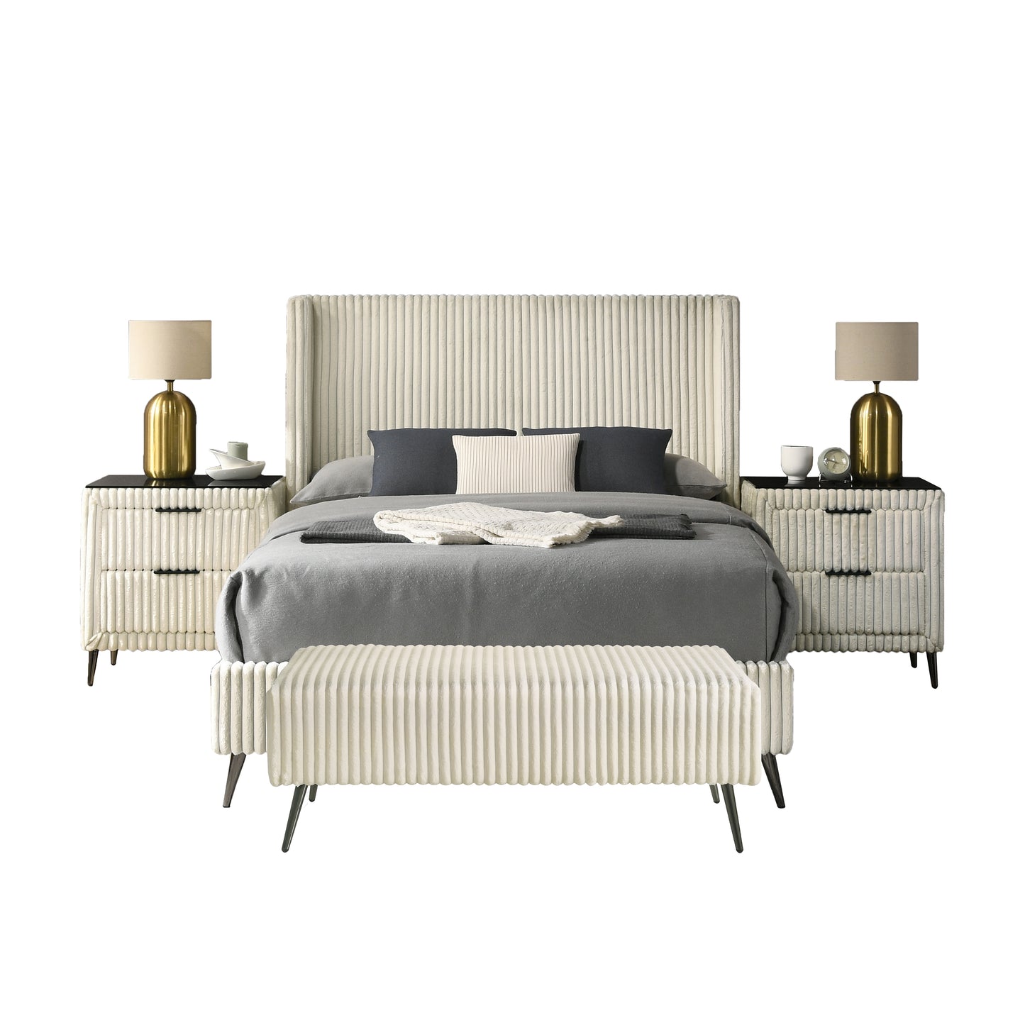 Textured cream upholstered wingback bed with charcoal pillows and bench