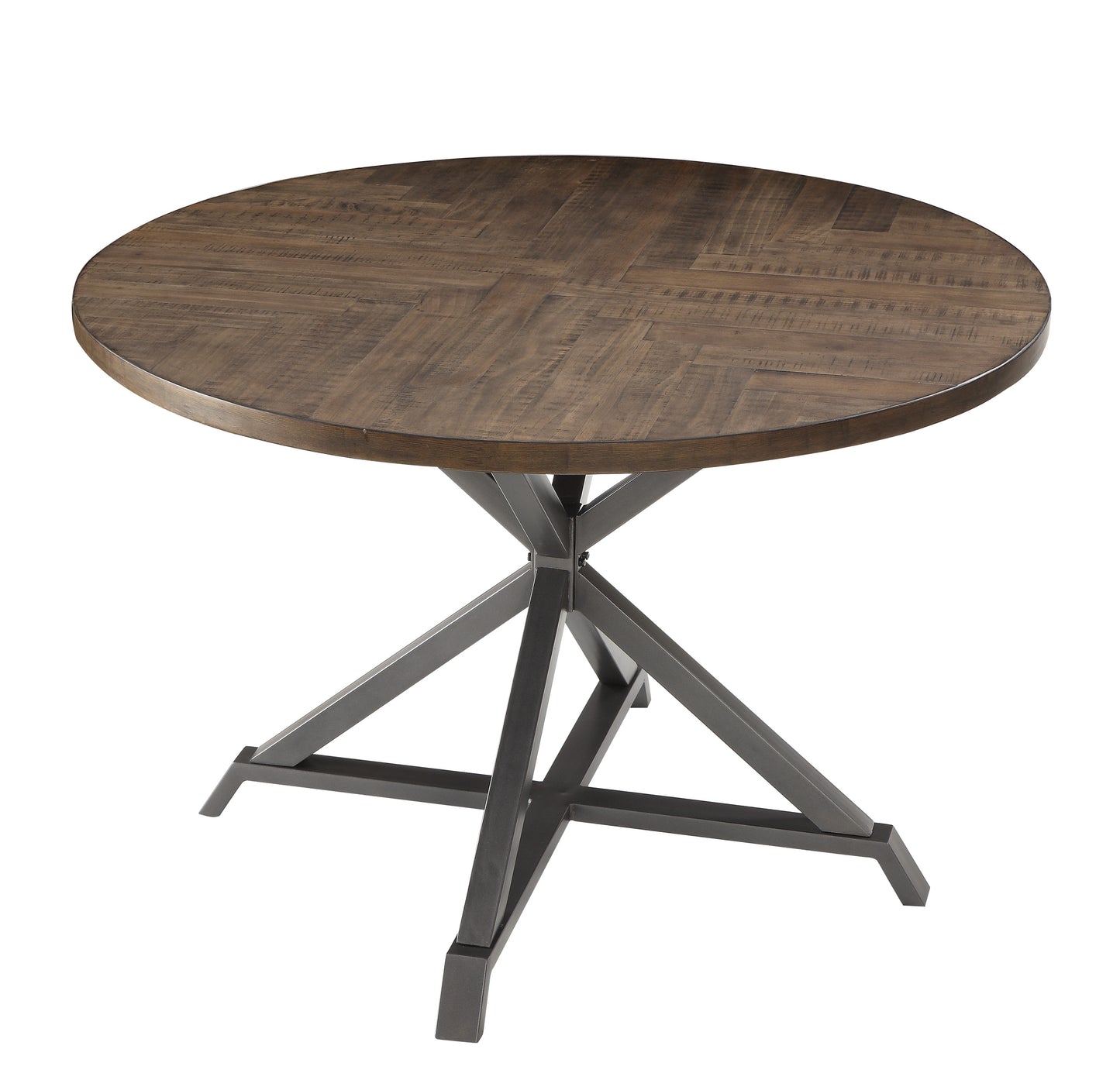 Round distressed wood dining table with dark metal Xbase for modern farmhouse style