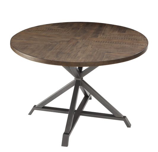 Round distressed wood dining table with dark metal Xbase for modern farmhouse style
