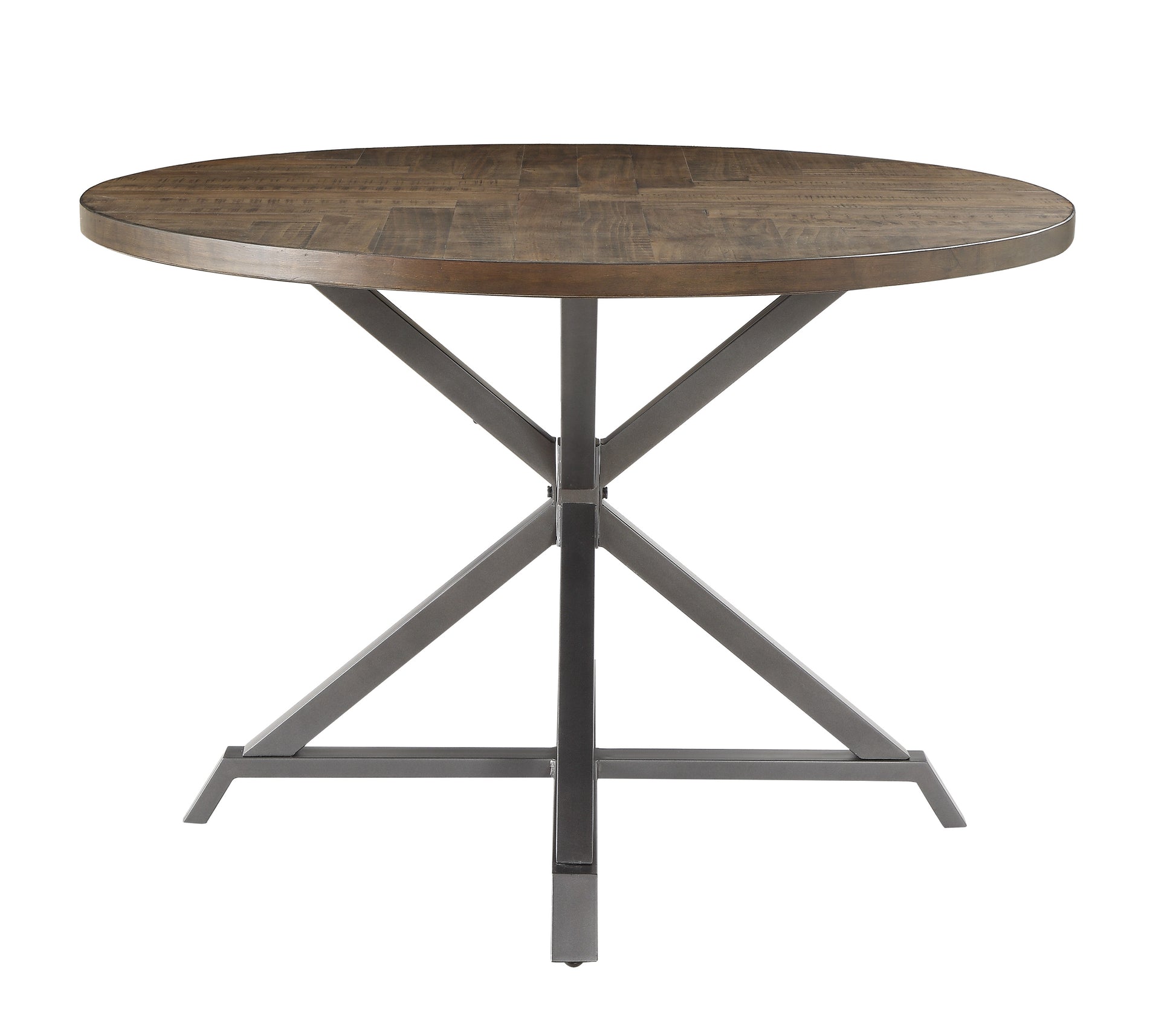 Round reclaimed wood dining table with industrial metal base