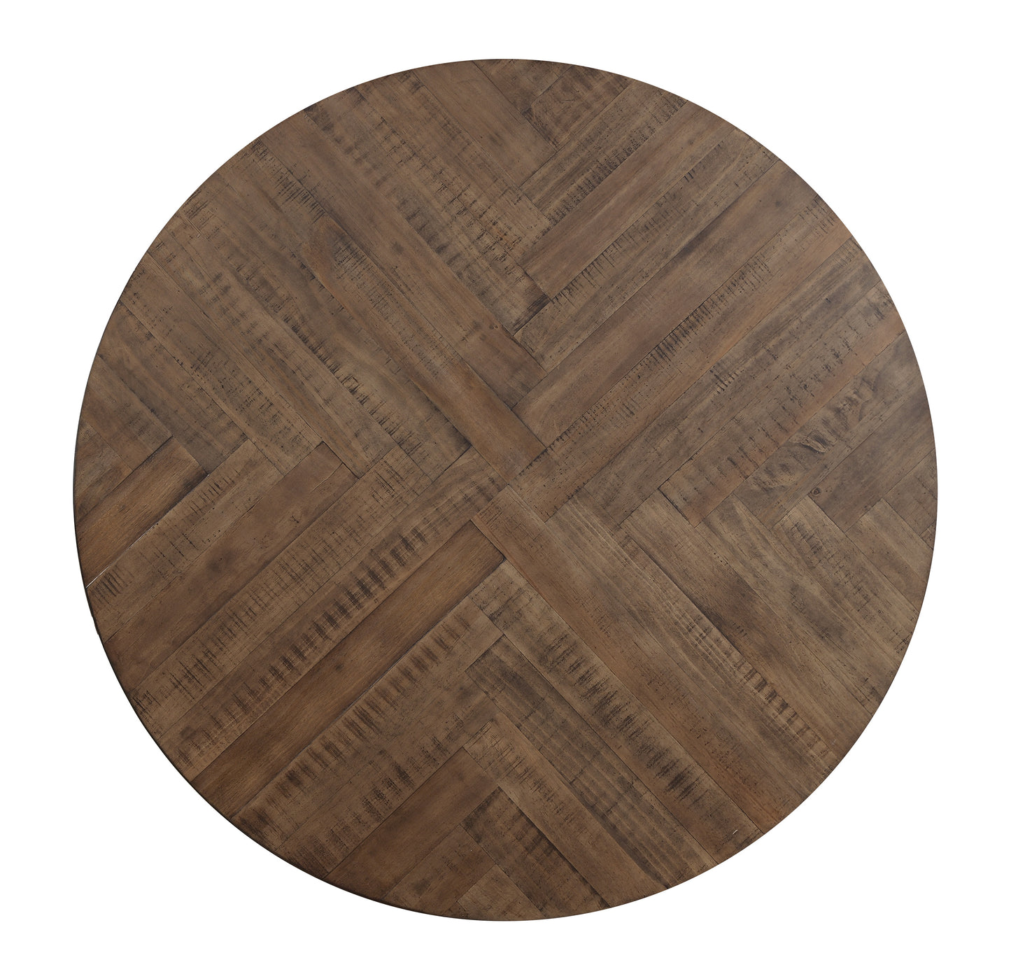 Round wood dining table top with distressed herringbone pattern