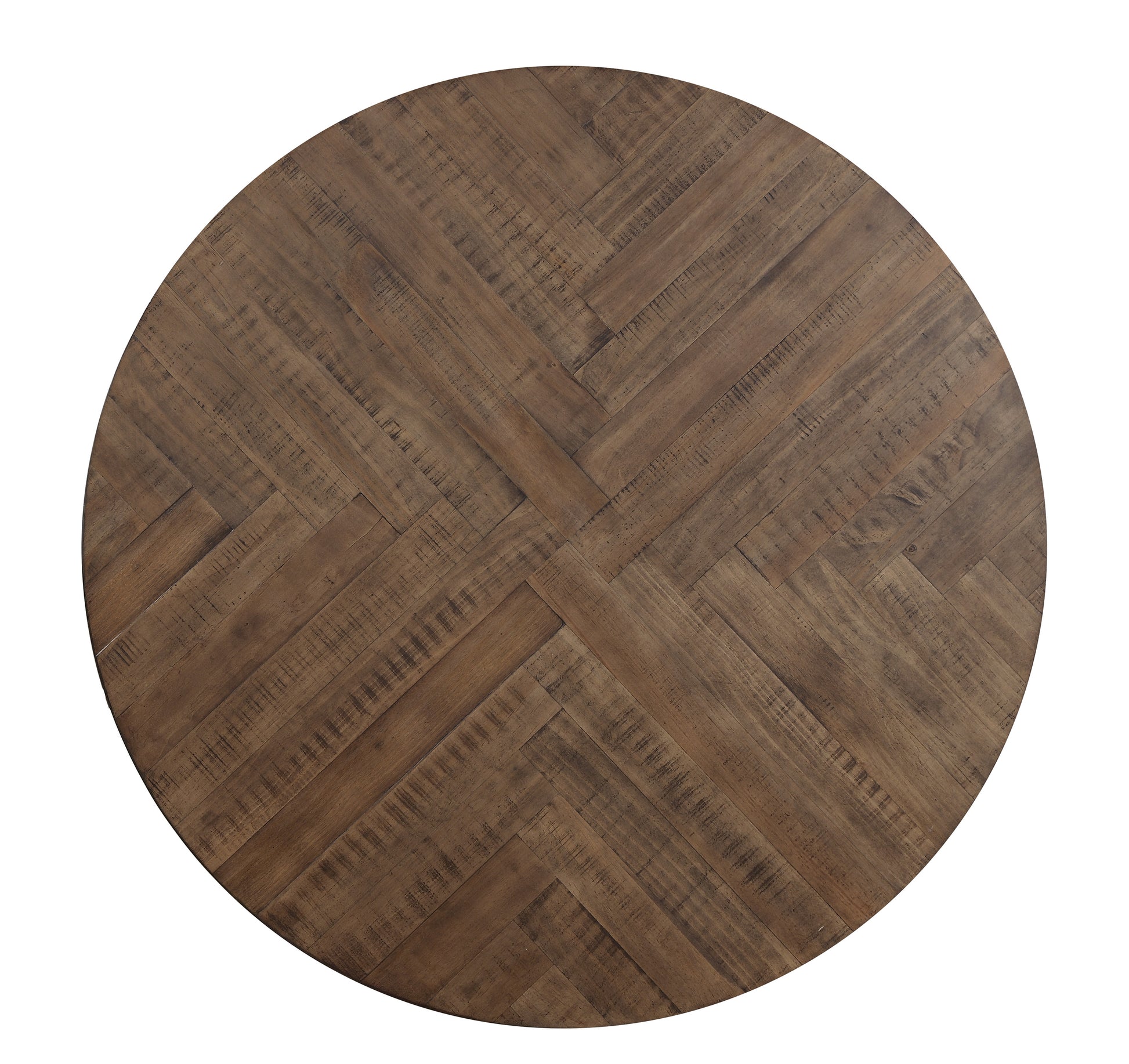 Round wood dining table top with distressed herringbone pattern