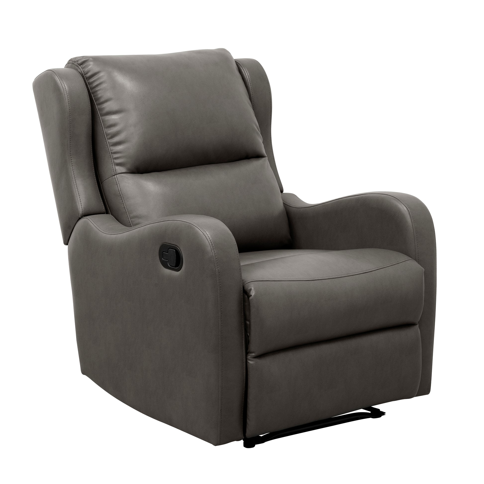 Gray faux leather recliner chair with plush cushioning and a side lever