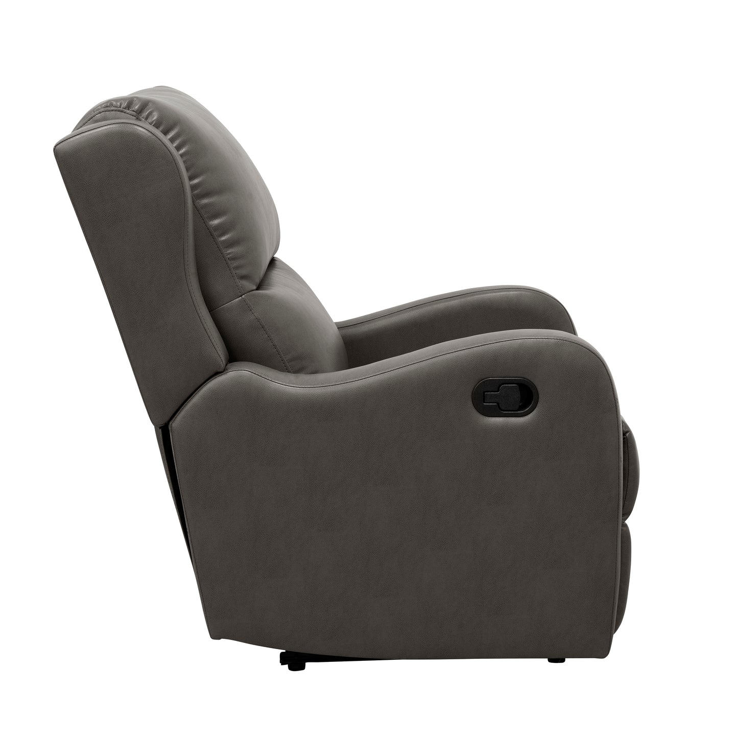 Side view of a grey faux leather recliner chair with padded headrest and armrests