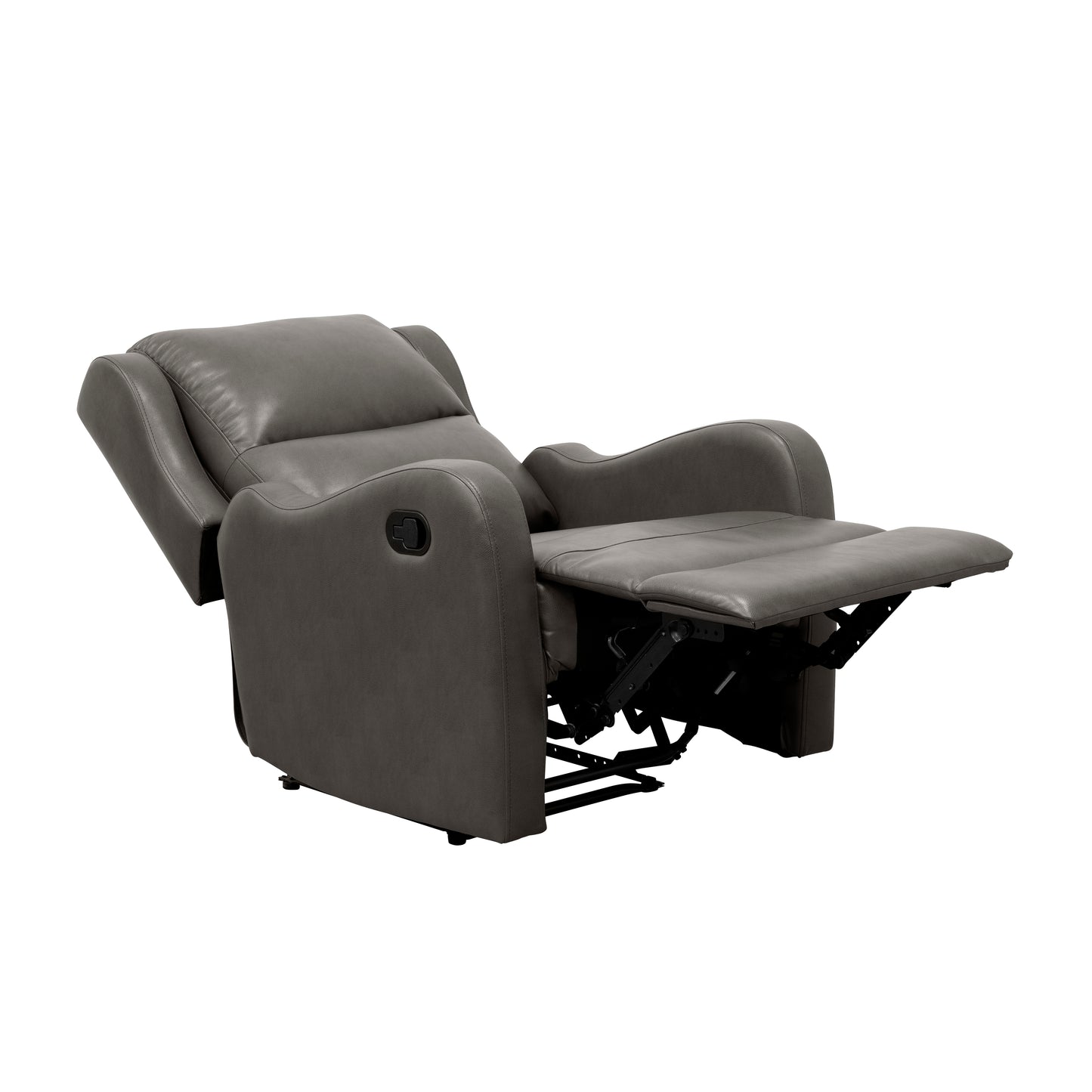 Gray leather recliner chair with footrest extended showing metal mechanism
