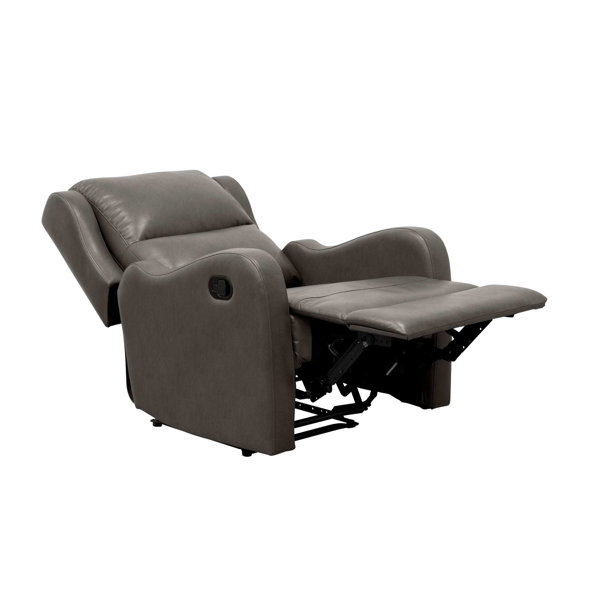 Gray leather recliner chair with footrest extended showing metal mechanism