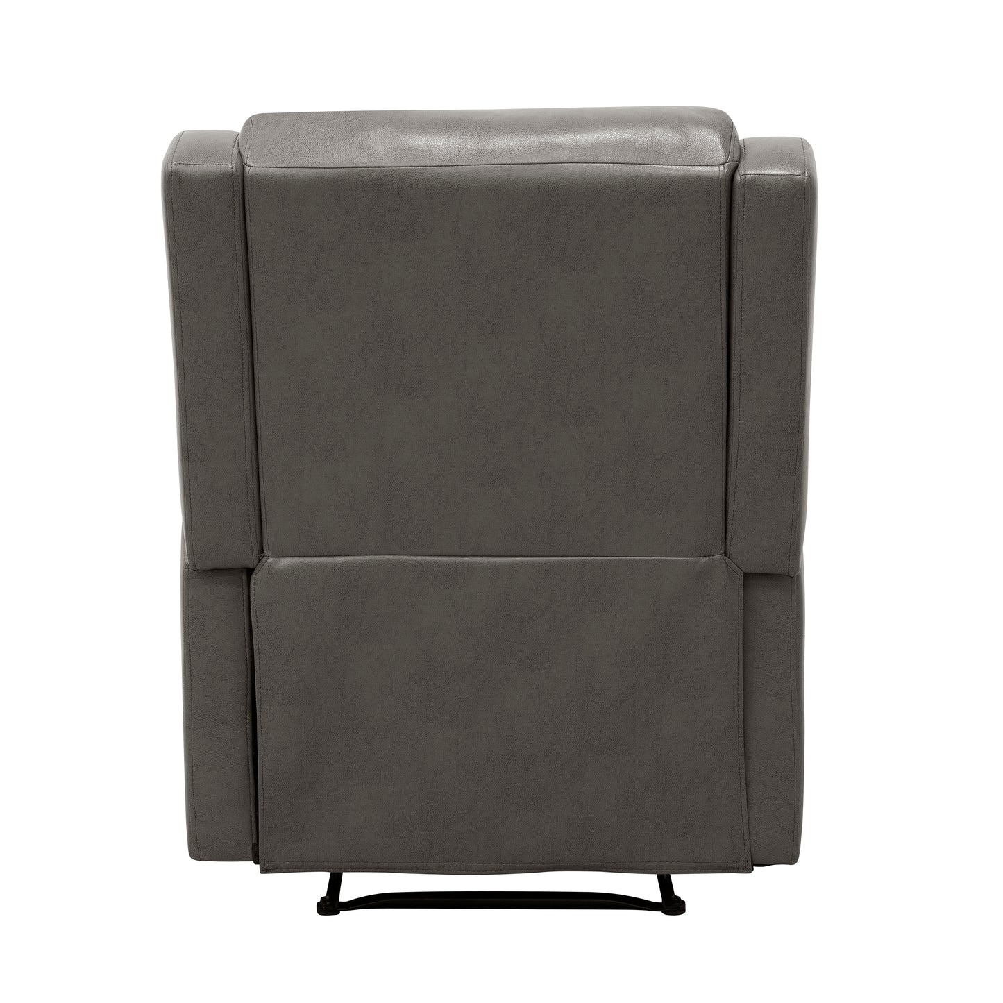 Dark gray leather recliner chair back with stitched seams and metal base