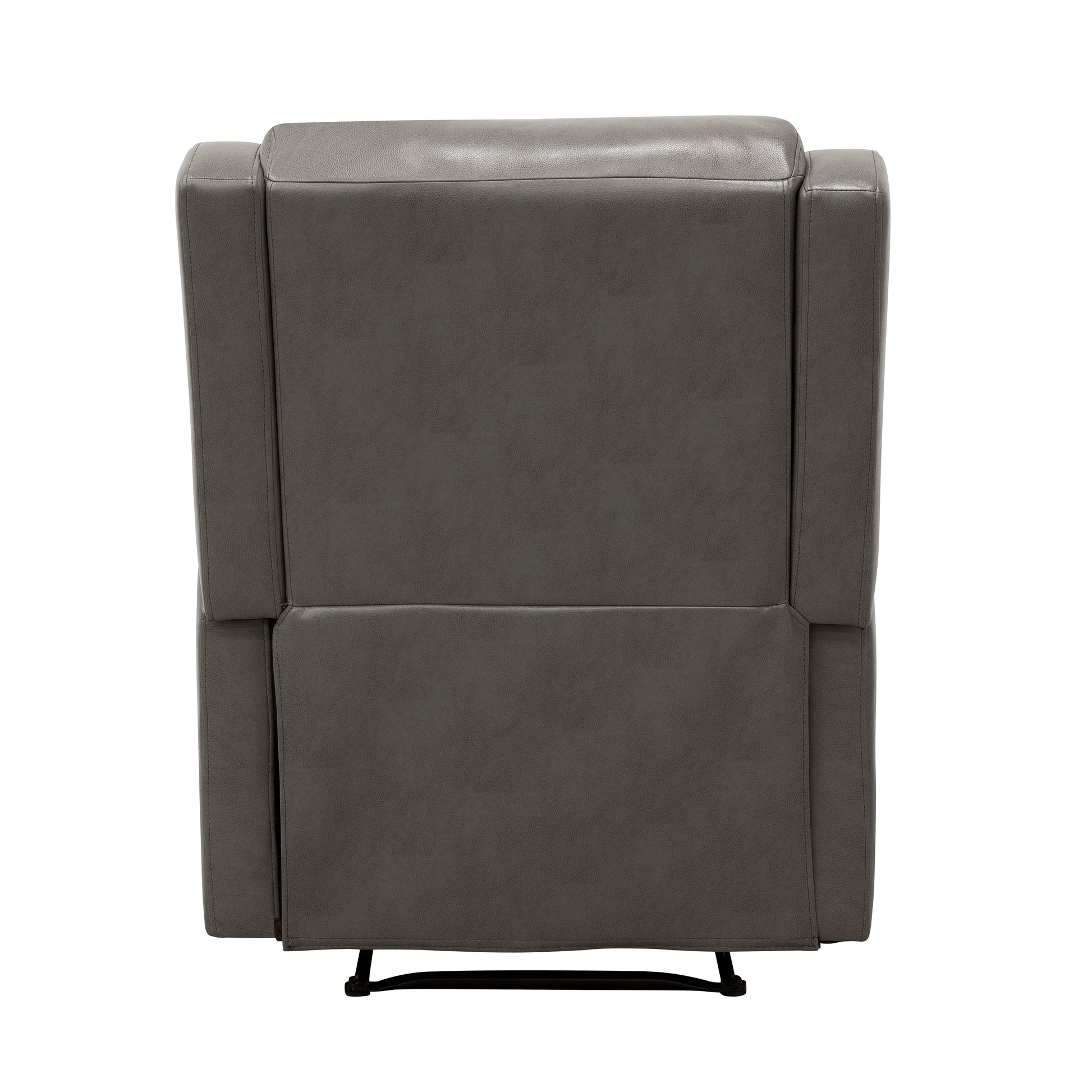 Dark gray leather recliner chair back with stitched seams and metal base