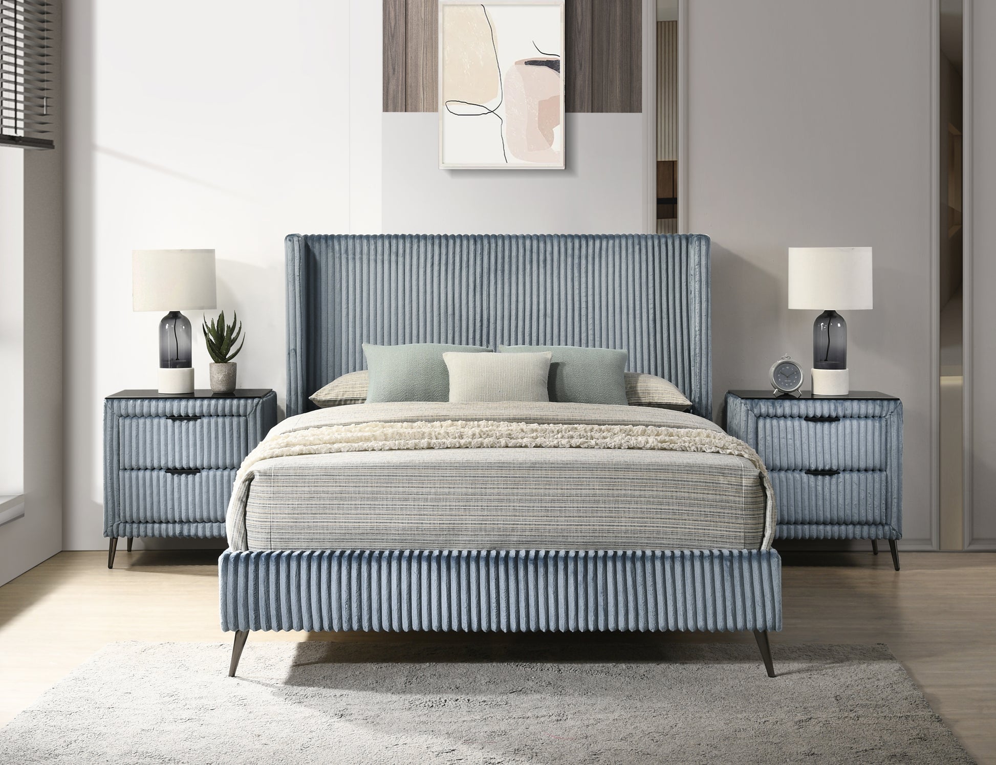 Light blue velvet king bed with fluted headboard