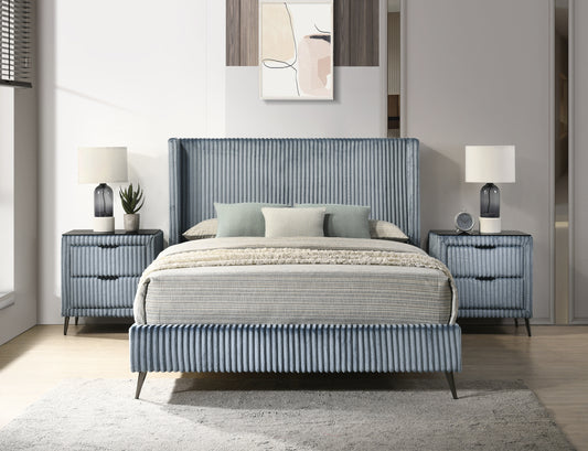 Light blue velvet king bed with fluted headboard