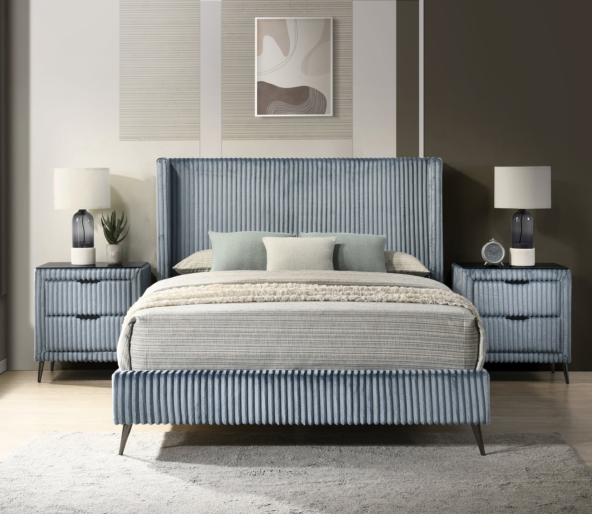 Sky blue corduroy king bed with fluted headboard and matching nightstands