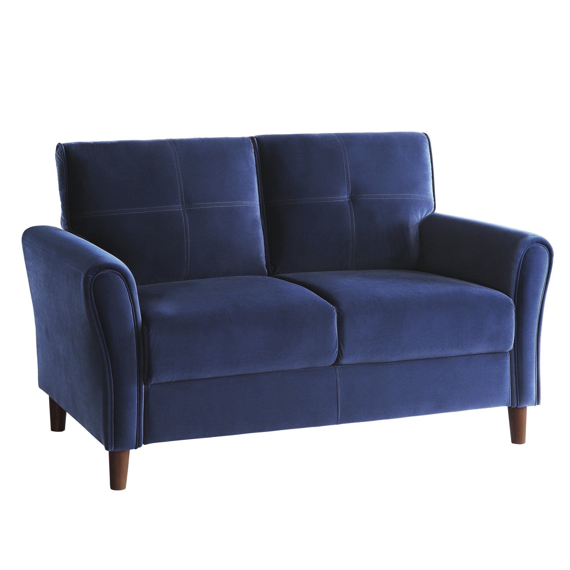Deep blue velvet sofa with tufted back and rolled arms perfect for a living room