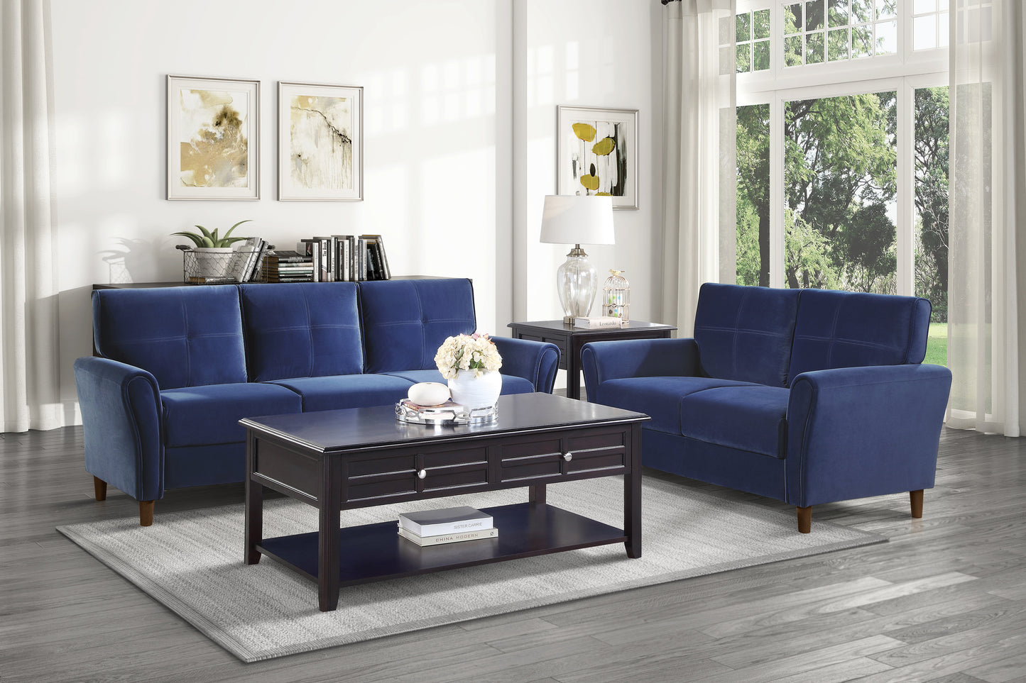 Deep blue velvet sofa with plush cushions perfect for modern living rooms