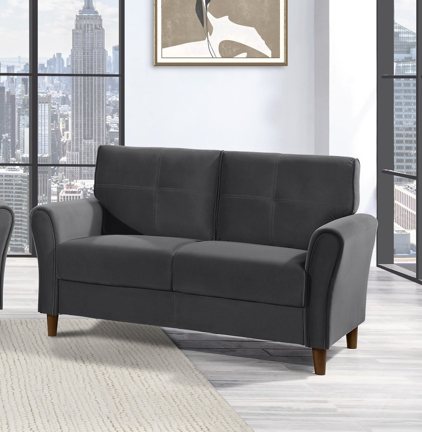 Comfort Loveseat with Gray Velvet Upholstery and Tufted Detail