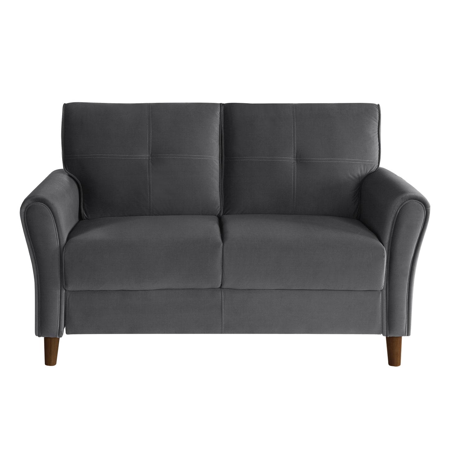 Dark grey velvet twoseater sofa with stitched detailing and wooden legs