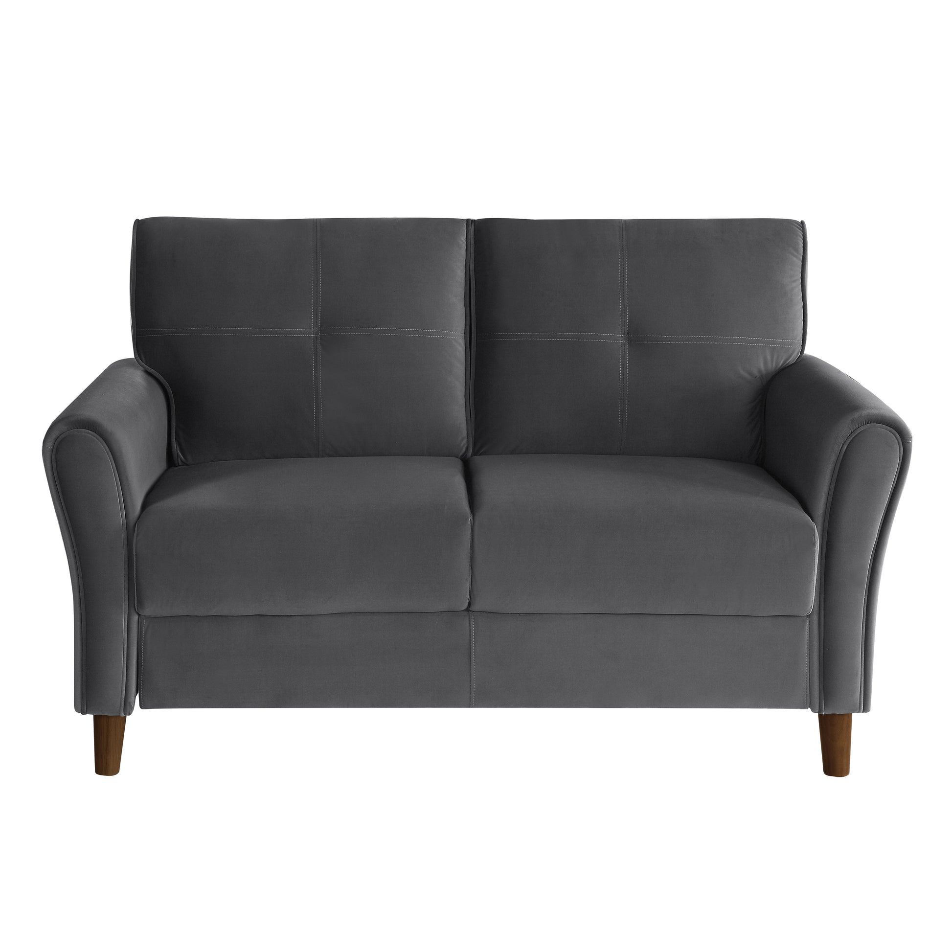 Dark grey velvet twoseater sofa with stitched detailing and wooden legs